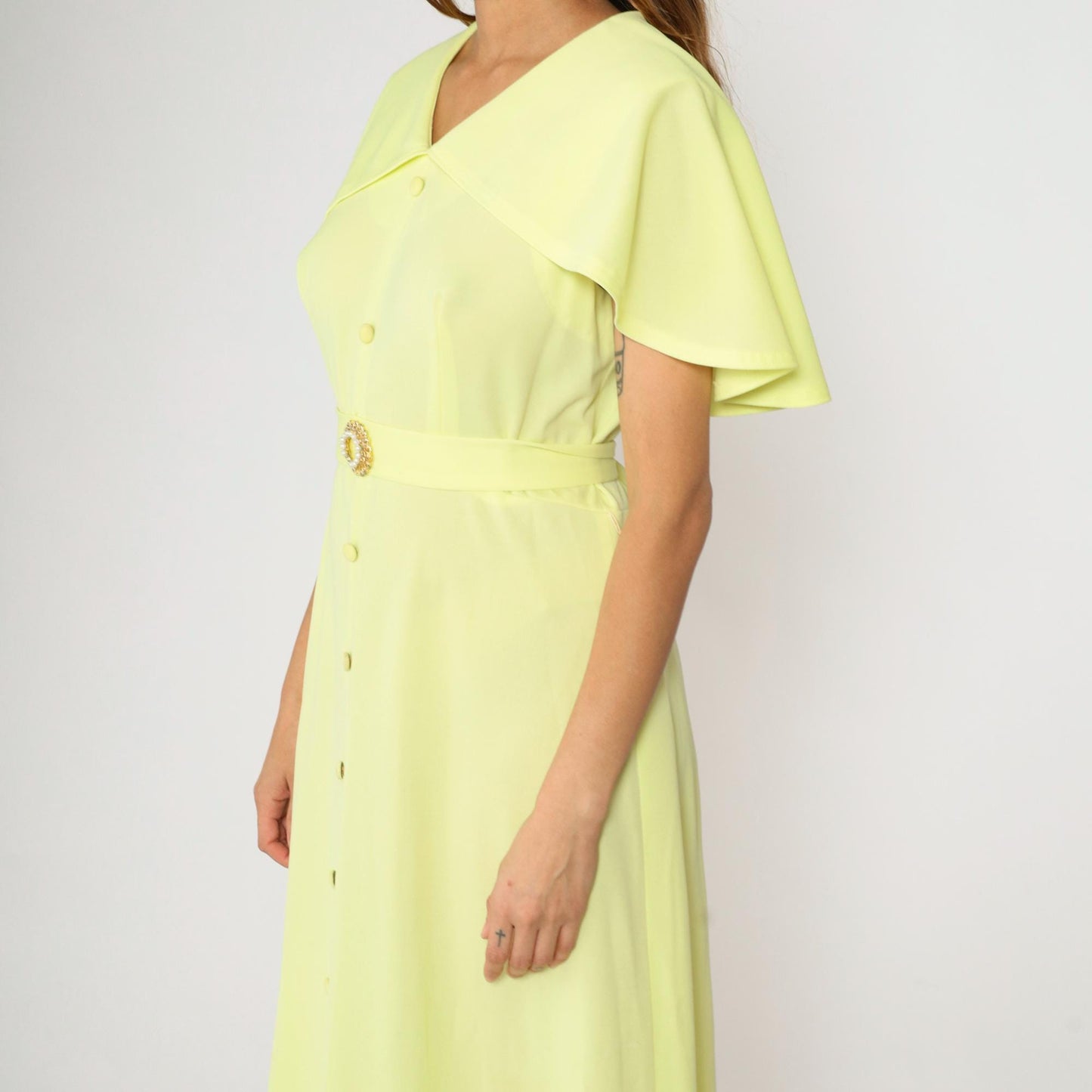 70s Yellow Maxi Dress Capelet Ruffle V-Neck Belted Pearl Buckle Large L