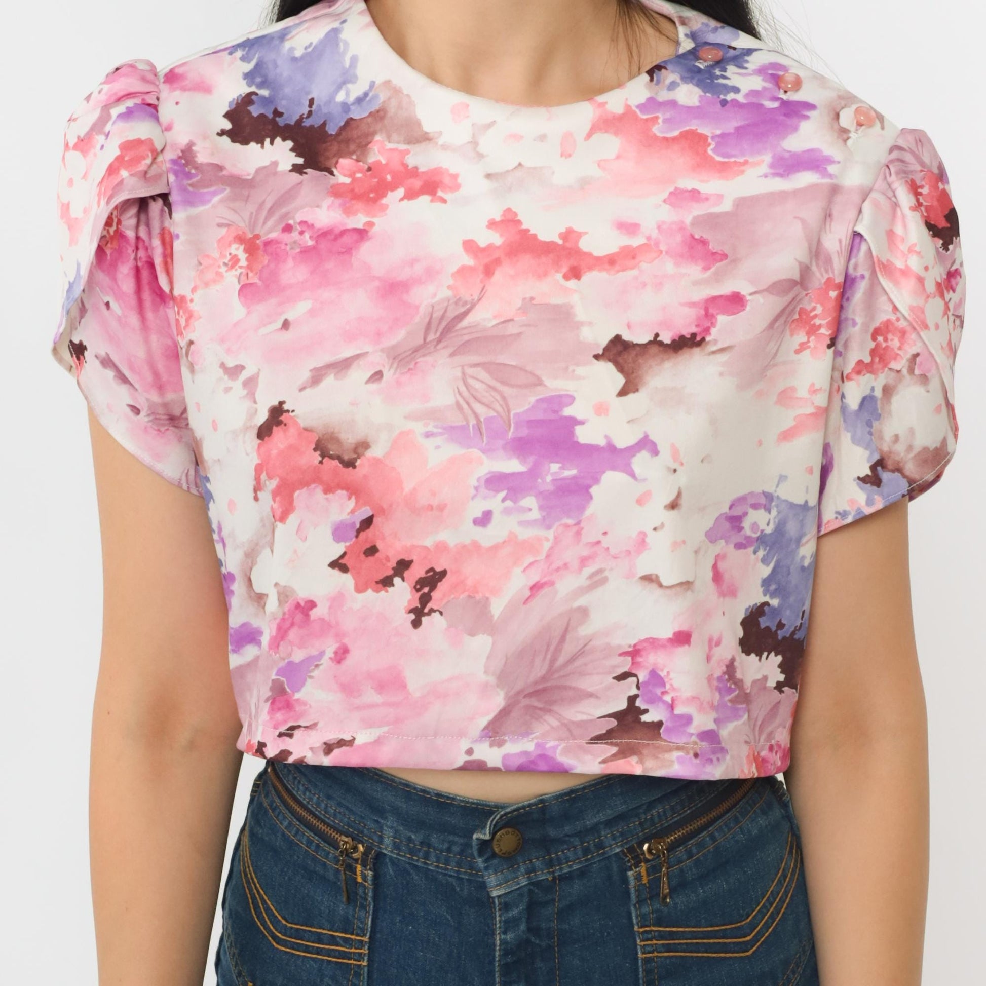 70s Floral Crop Top Puff Sleeve Blouse Pink Purple White Medium