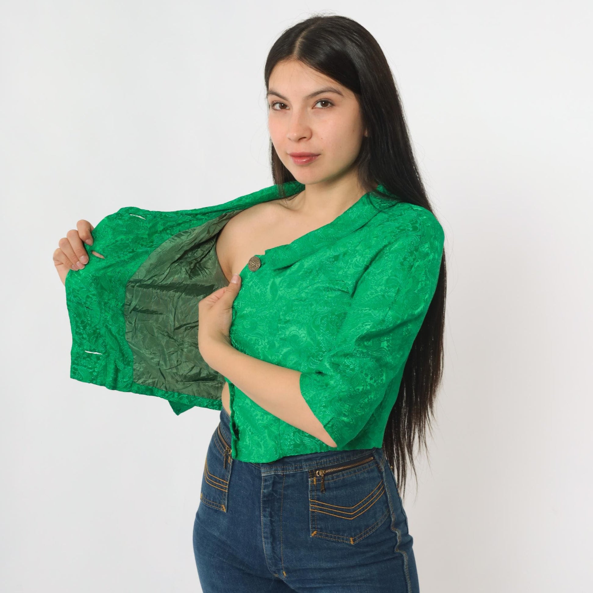 60s Green Brocade Paisley Cropped Jacket Half Sleeve Button Up Small