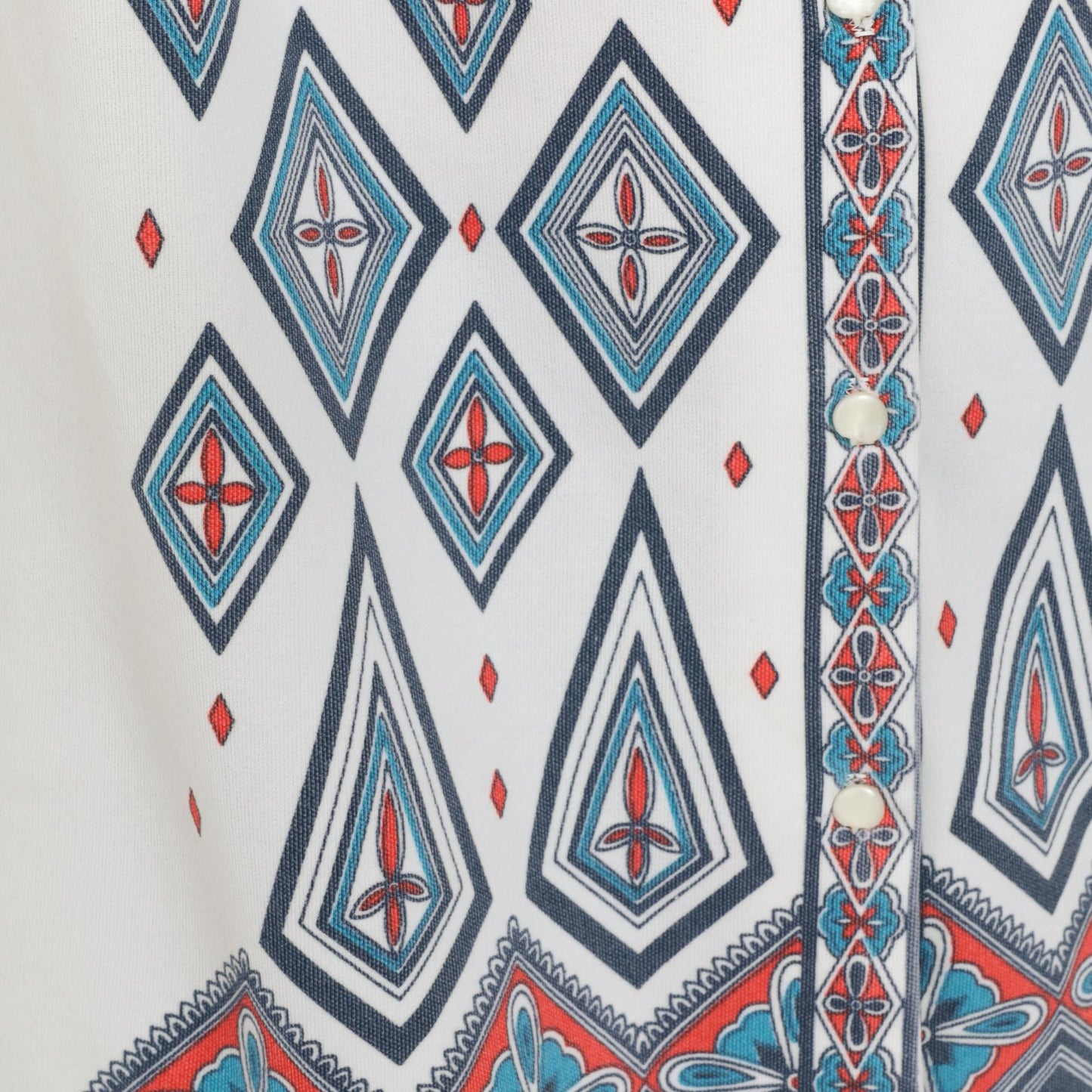 70s Geometric Diamond Print Sleeveless Blouse White Button-Up Collar Large L