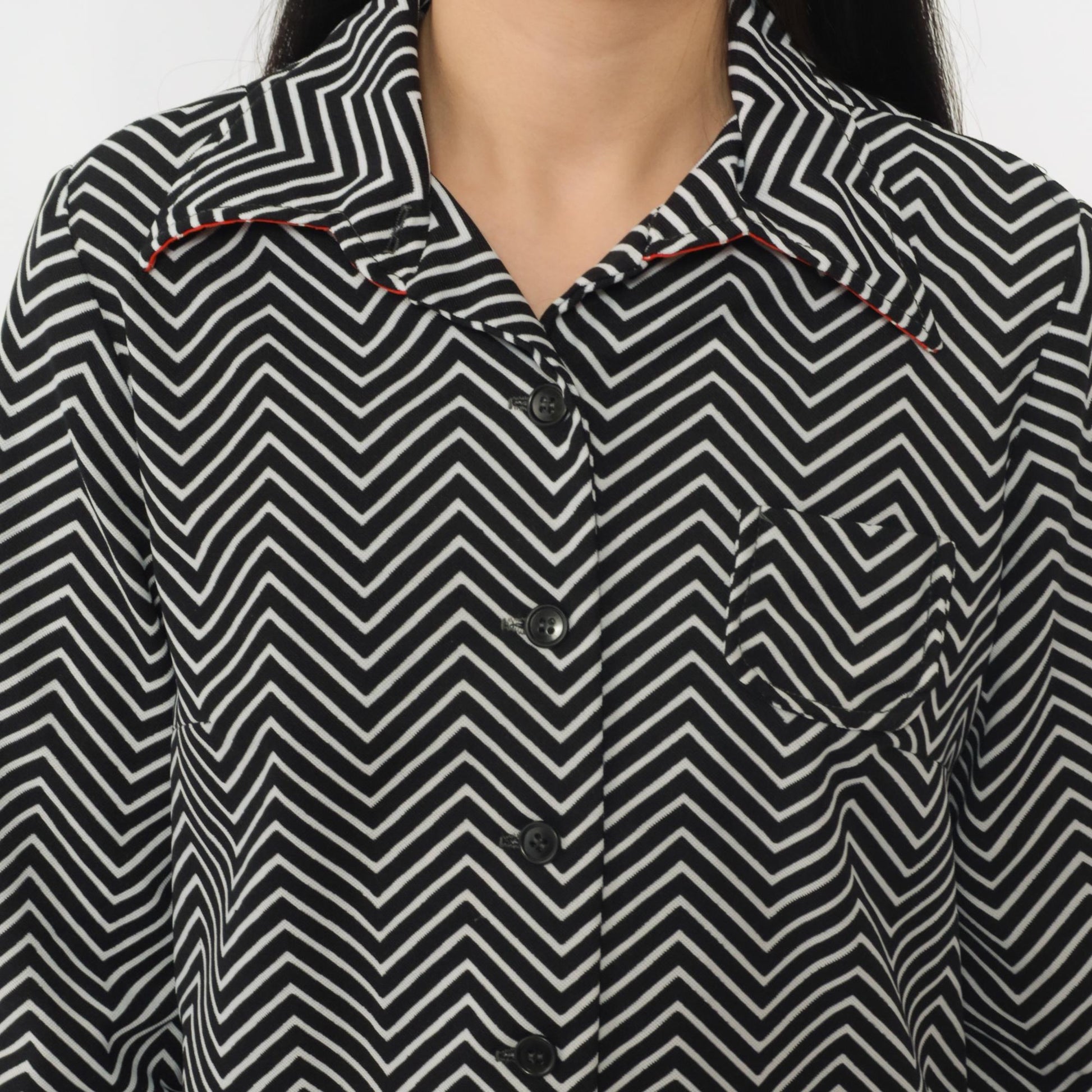 70s Black White Striped Button Up Blouse Dagger Collar Long Sleeve Small Medium
