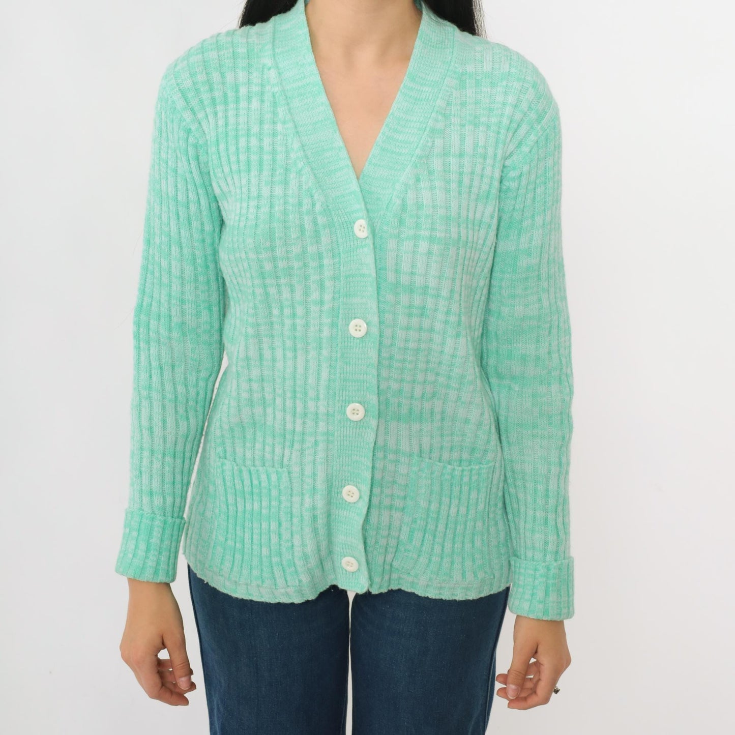 70s Space Dye Cardigan Mint Green White V-Neck Button-Up Knit Small S