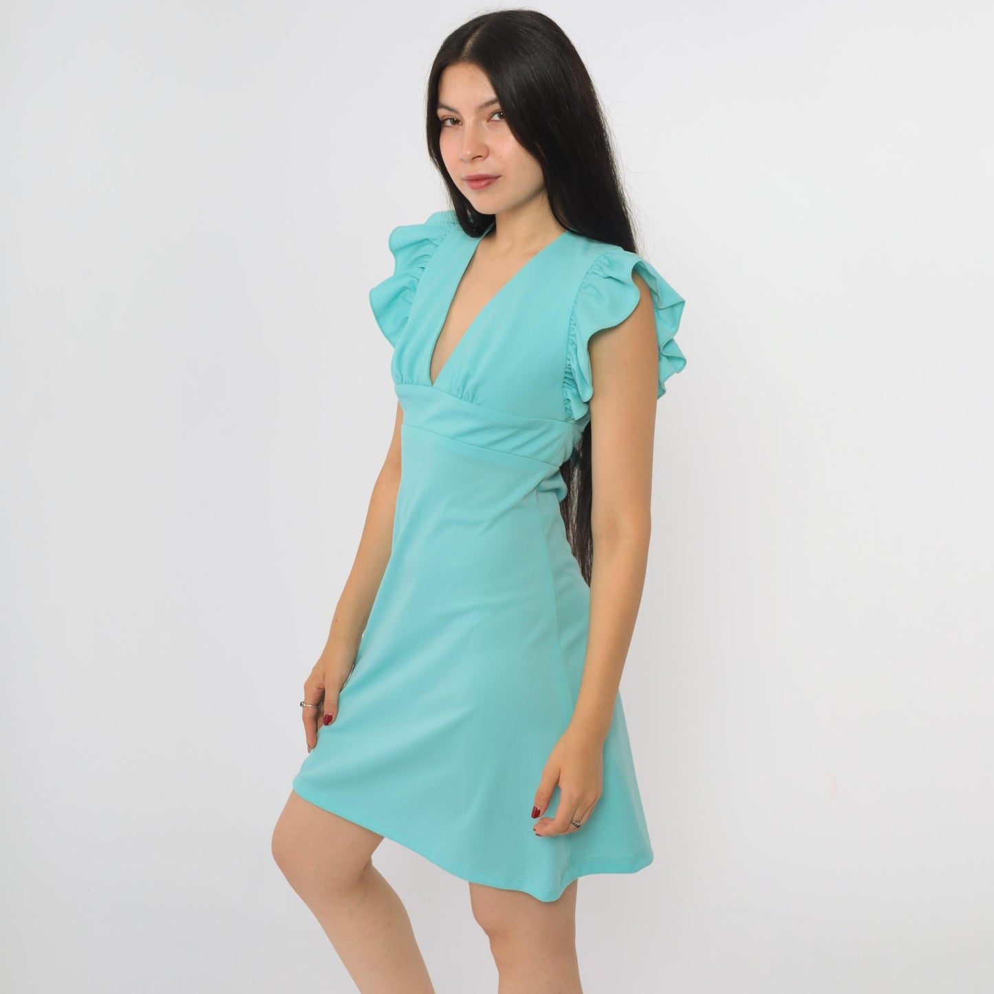 70s Blue Babydoll Dress Keyhole Back Empire Waist Flutter Sleeve Mini Small S