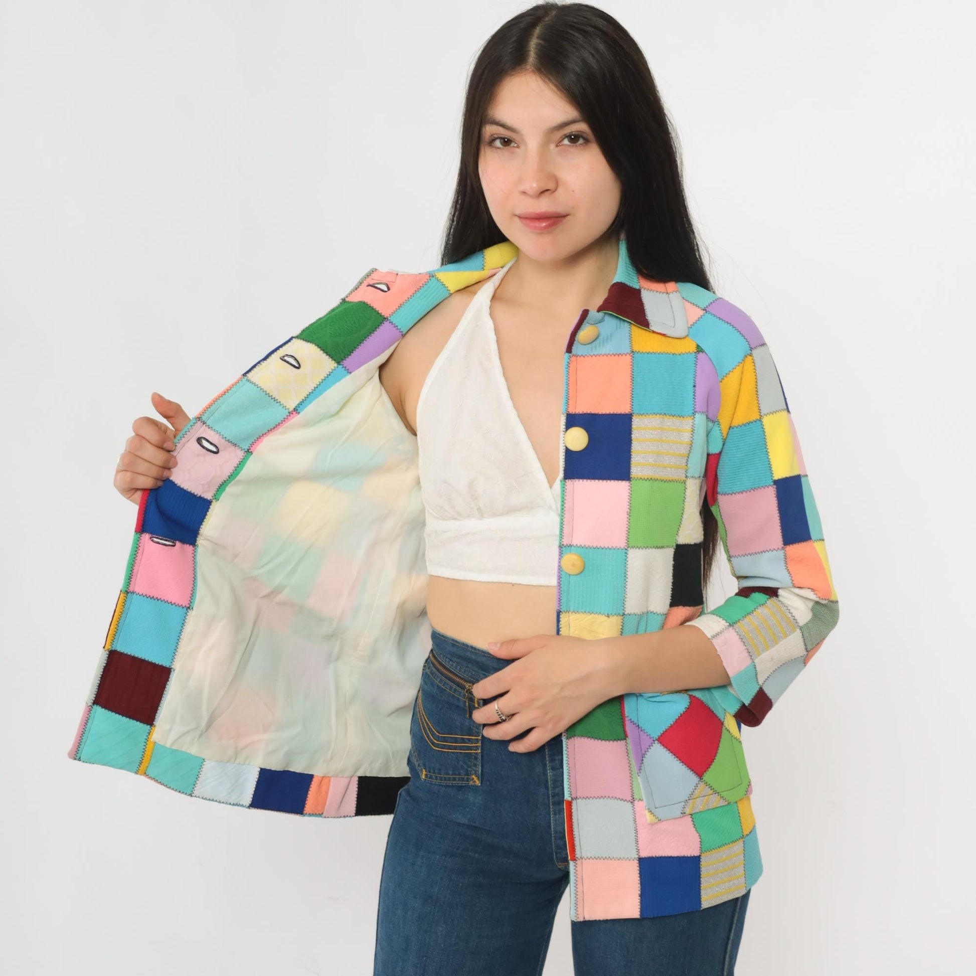 70s Patchwork Quilted Jacket Multicolor Square Block Notch Collar Extra Small