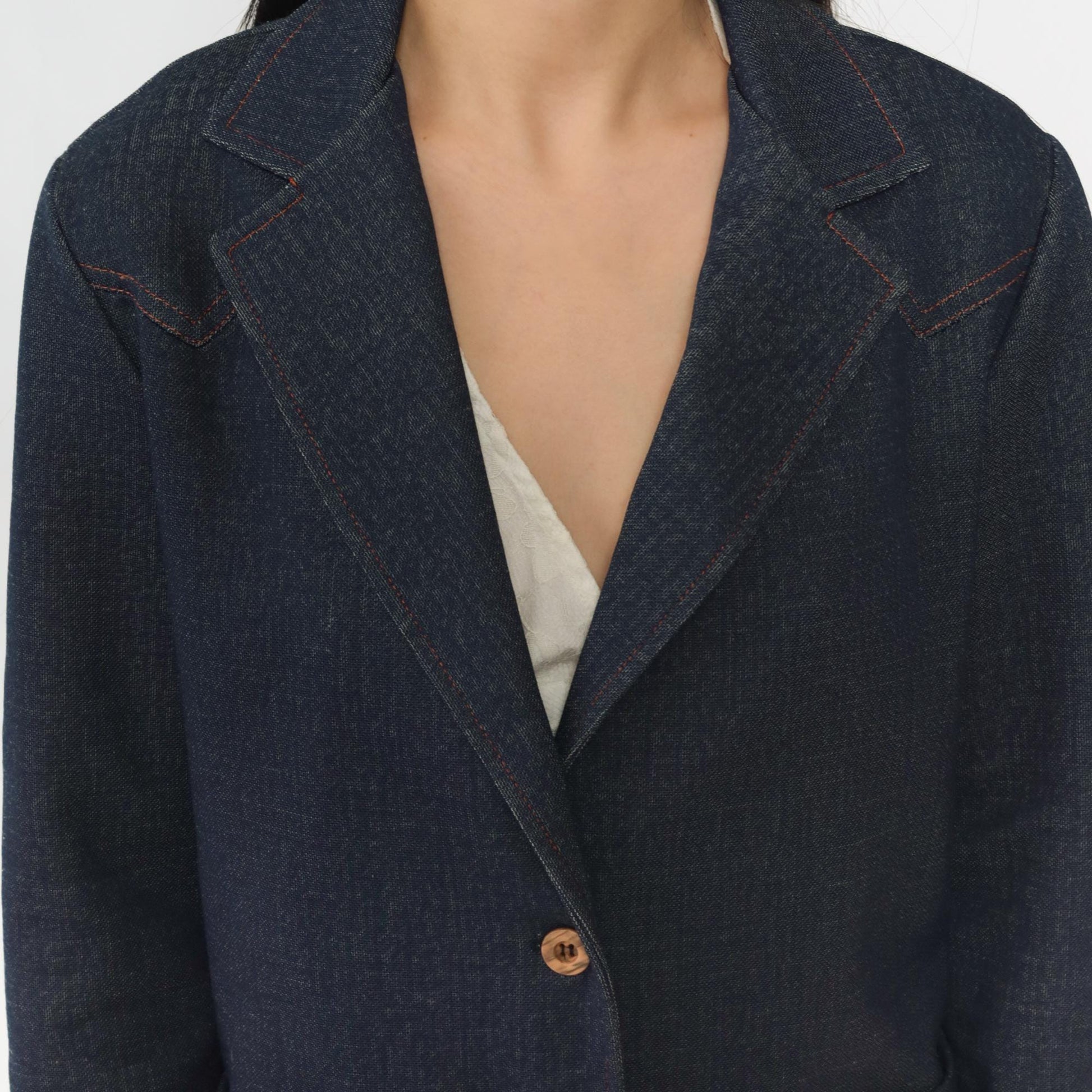 70s Dark Wash Denim Blazer Jacket Collared Button-Up Blue Medium