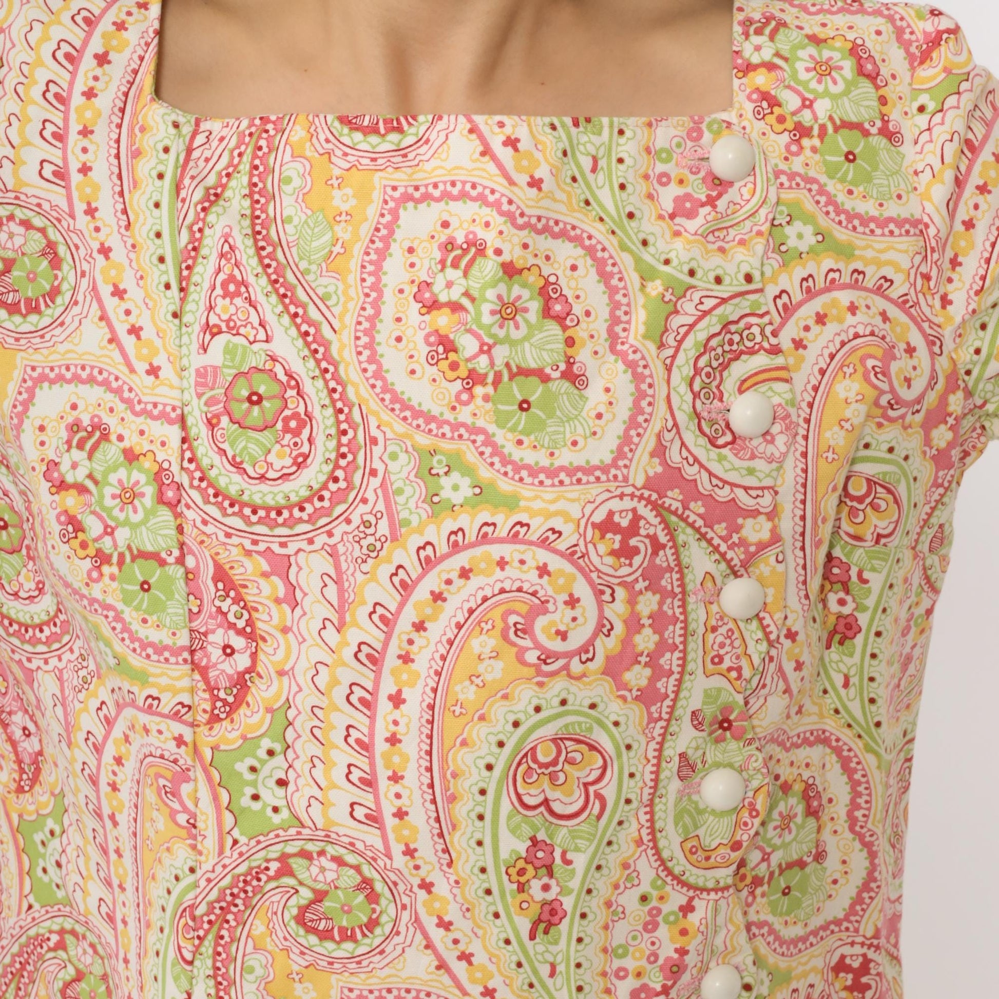 90s Paisley Mini Dress Psychedelic Print Asymmetrical Button Shift Medium Large