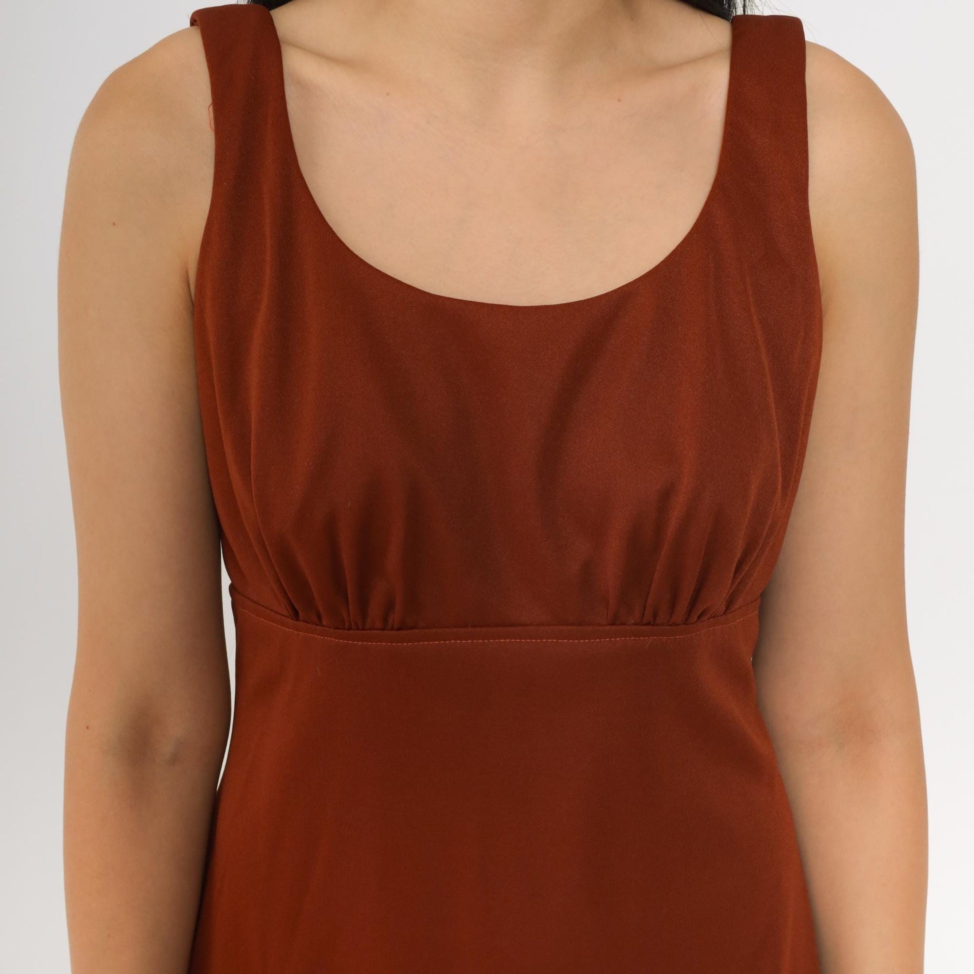 1970s Rust Brown Babydoll Mini Dress Empire Waist Scoop Neck Sleeveless Small