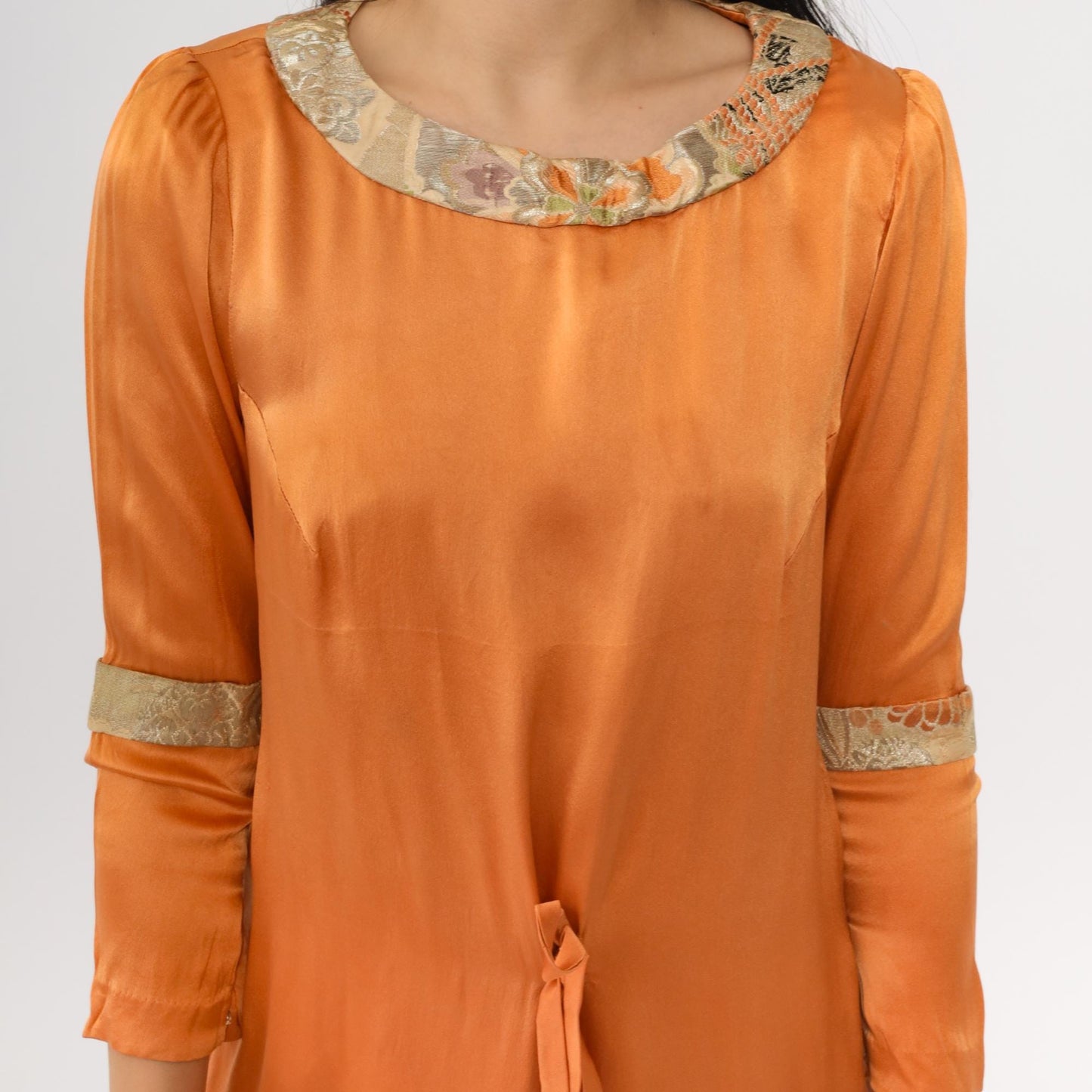 70s Orange Satin Midi Dress Floral Brocade Trim Tie Waist Puff Sleeve Small