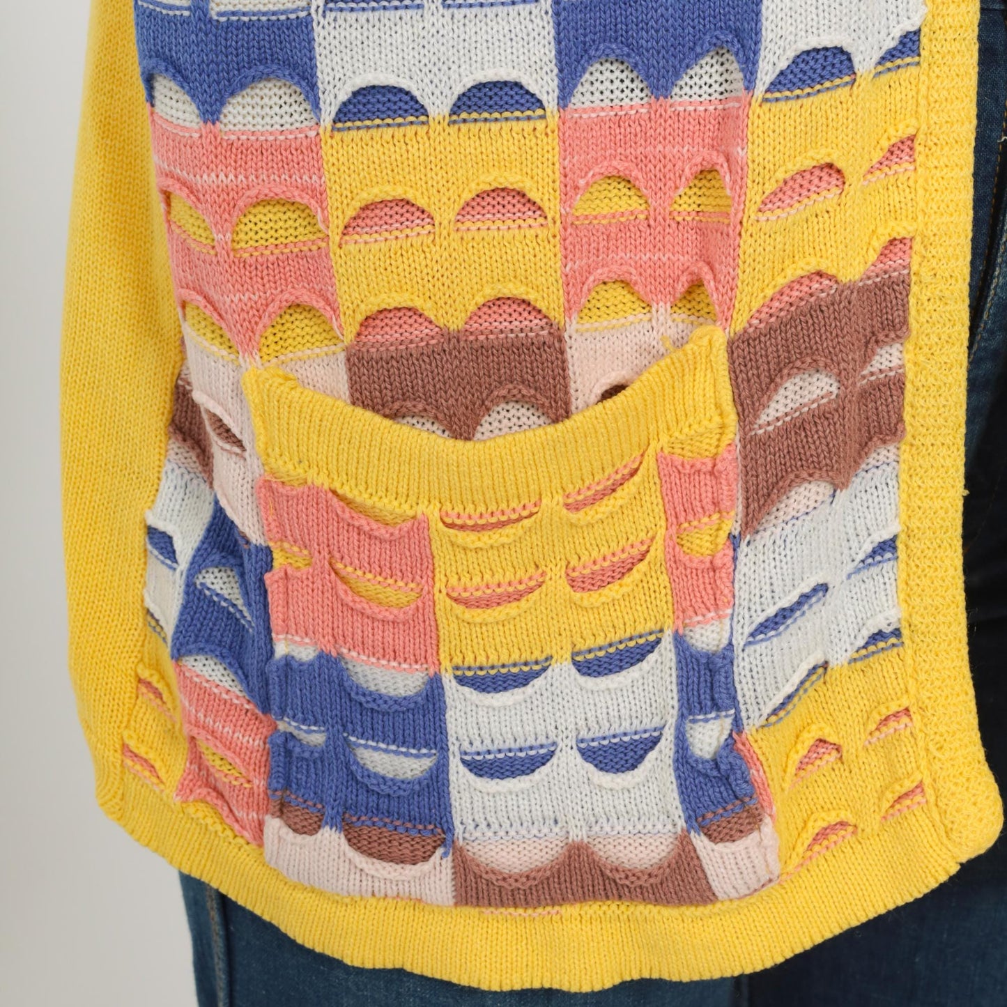 70s Patchwork Knit Vest Yellow Multicolor Open Front Sleeveless Large L