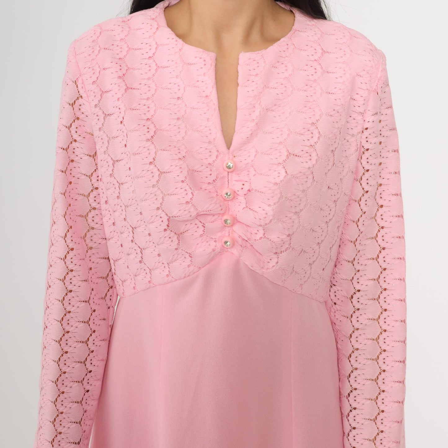 70s Baby Pink Lace Mini Dress Rhinestone Buttons High Waist Long Sleeve Medium M