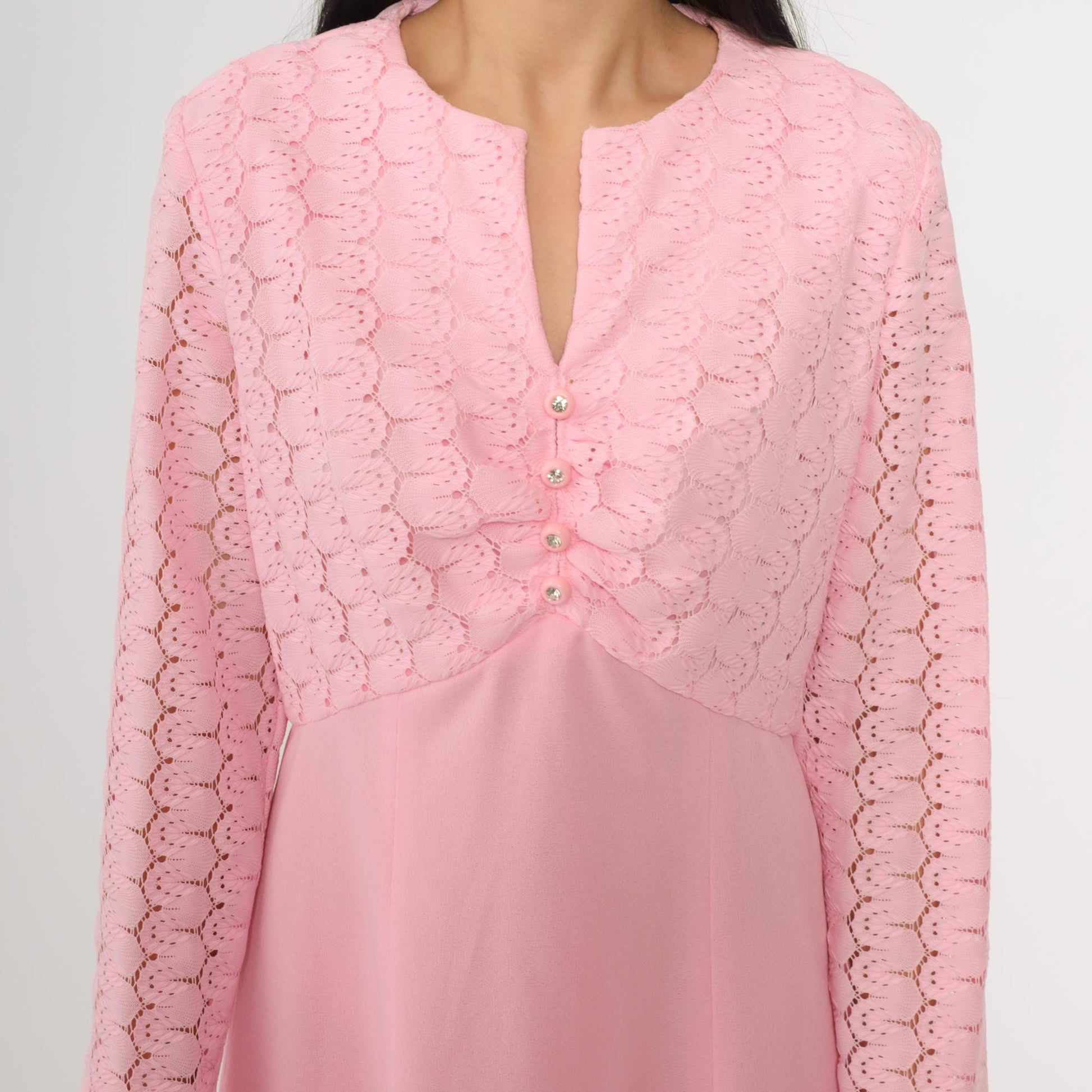 70s Baby Pink Lace Mini Dress Rhinestone Buttons High Waist Long Sleeve Medium M