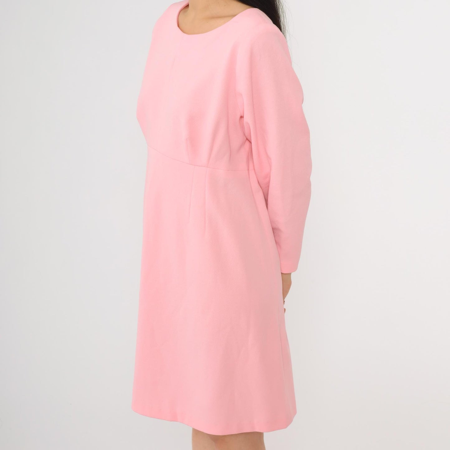 70s Pink Empire Waist Mini Dress Long Sleeve Flared Skirt Medium M