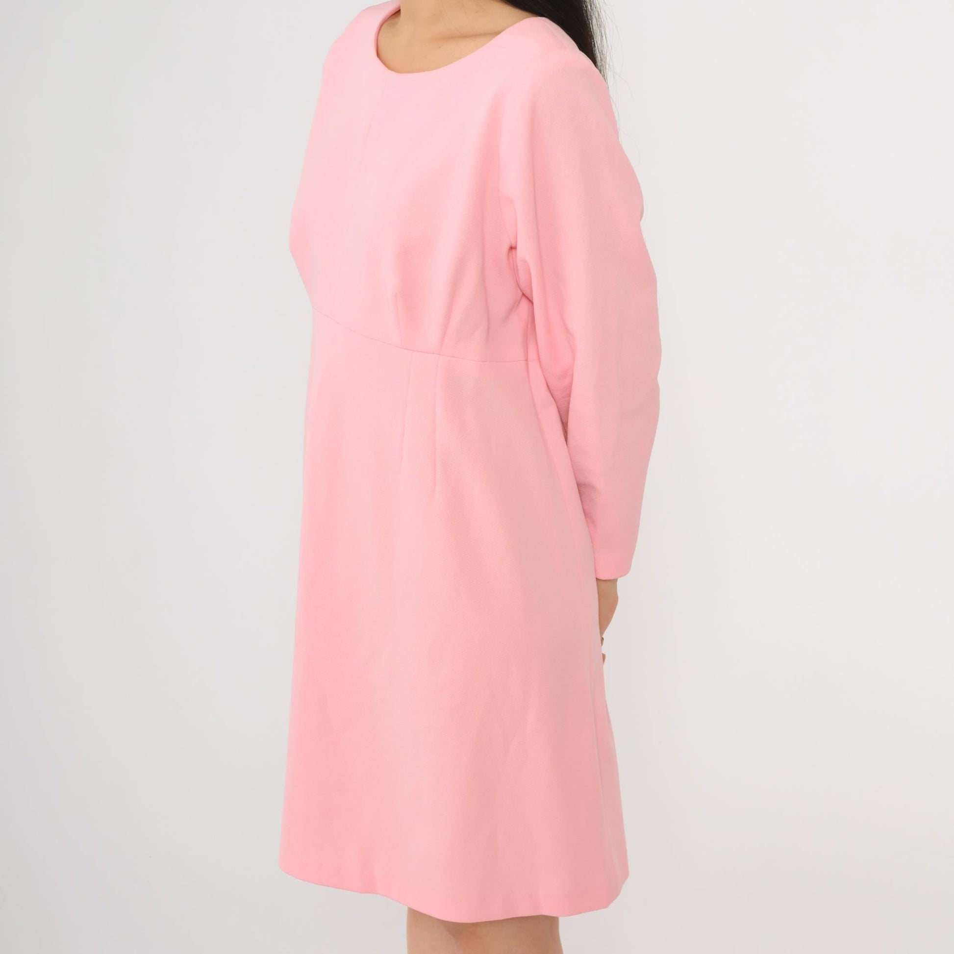 70s Pink Empire Waist Mini Dress Long Sleeve Flared Skirt Medium M