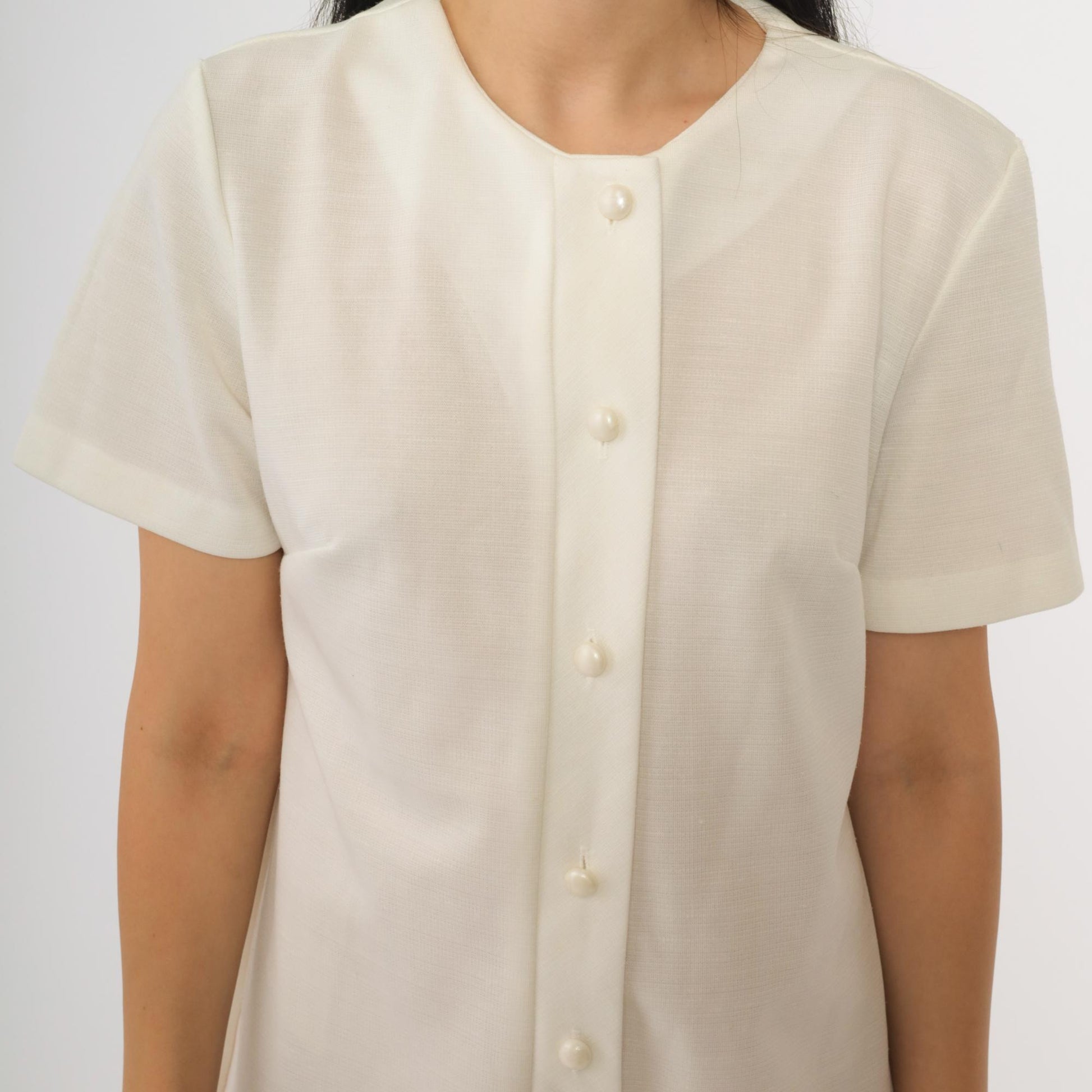 1970s White Shift Mini Dress Button-Up Short Sleeve Shirtdress Medium Large