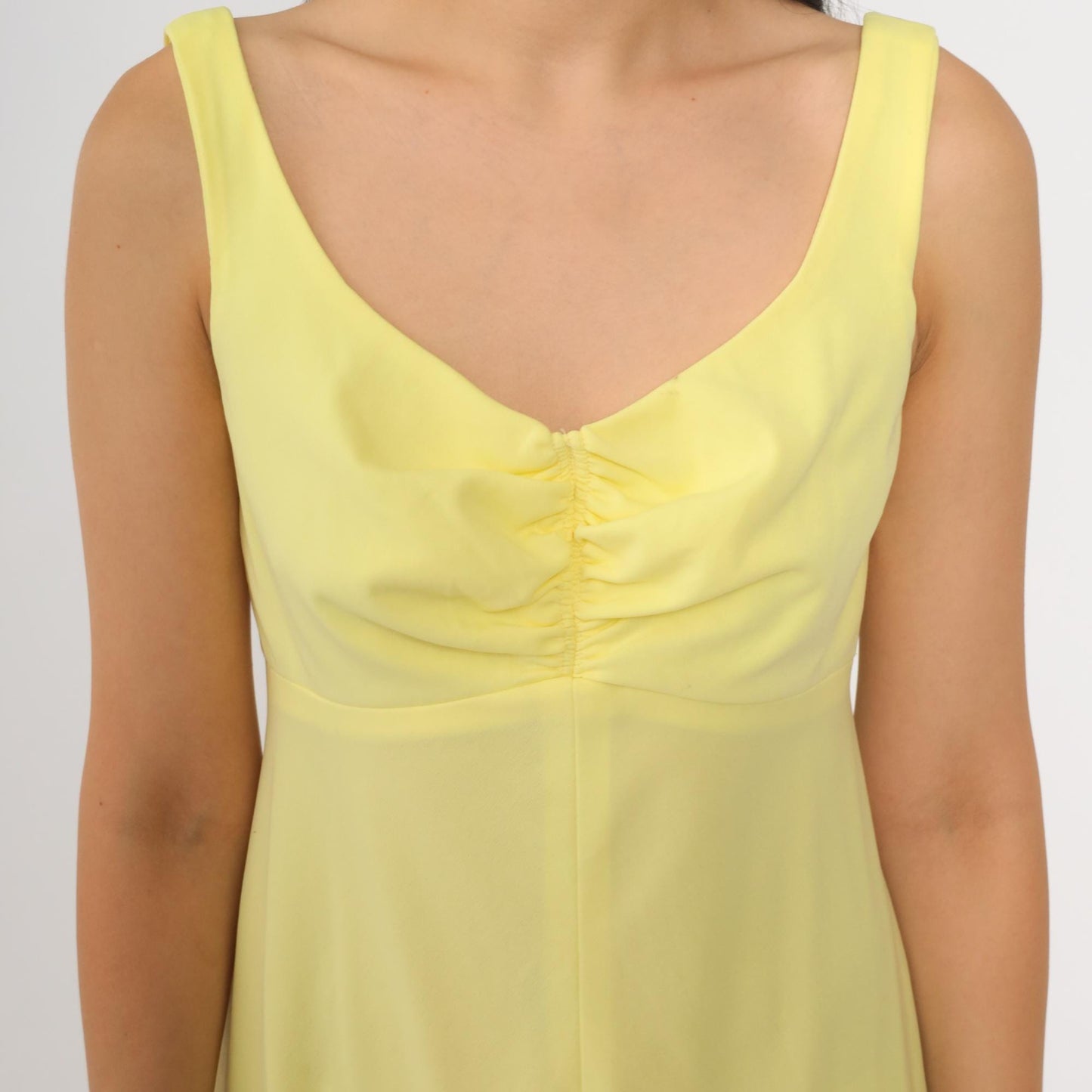 70s Yellow Babydoll Mini Dress Empire Waist Scoop Neck Sleeveless Small