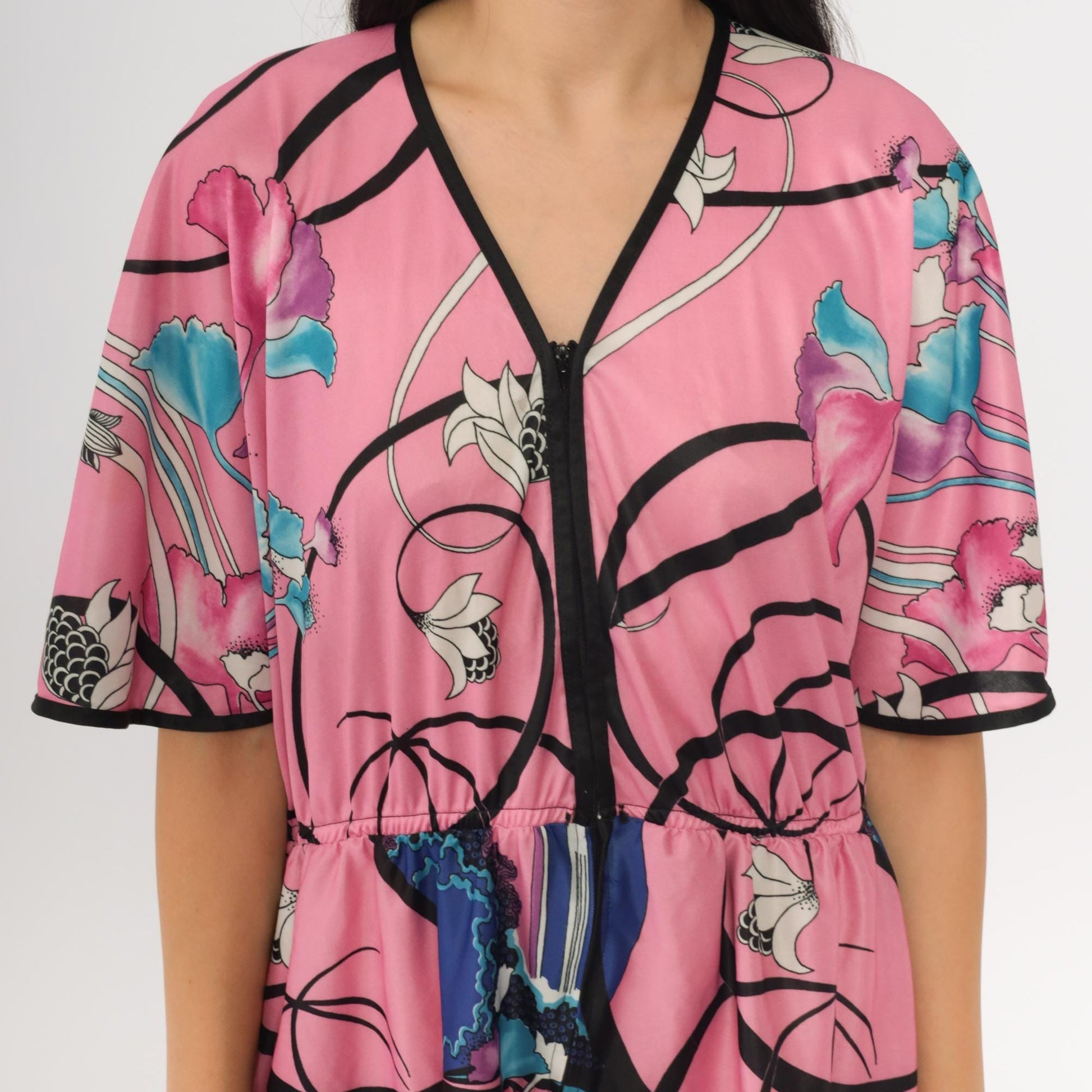 70s Pink Floral Mini Dress V Neck Flutter Sleeve High Waist Zip Front Medium