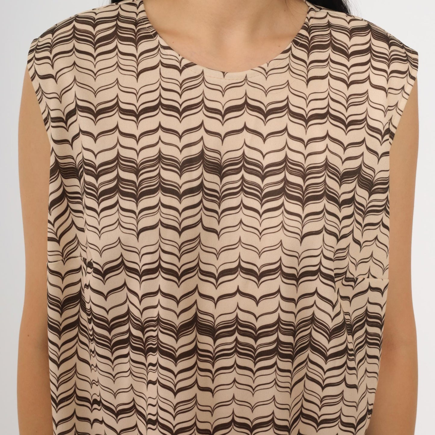 70s Op Art Striped Shift Dress Beige Brown Sleeveless Mini Medium Large