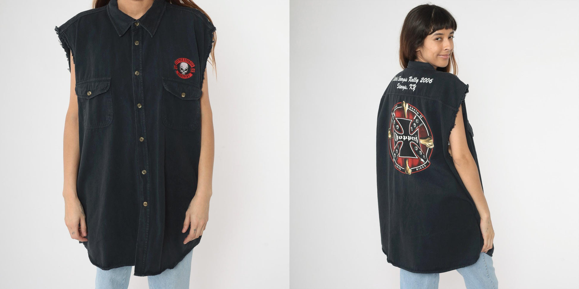 00s Little Sturgis Kentucky Biker Skull Button-Up Sleeveless Black Shirt XL