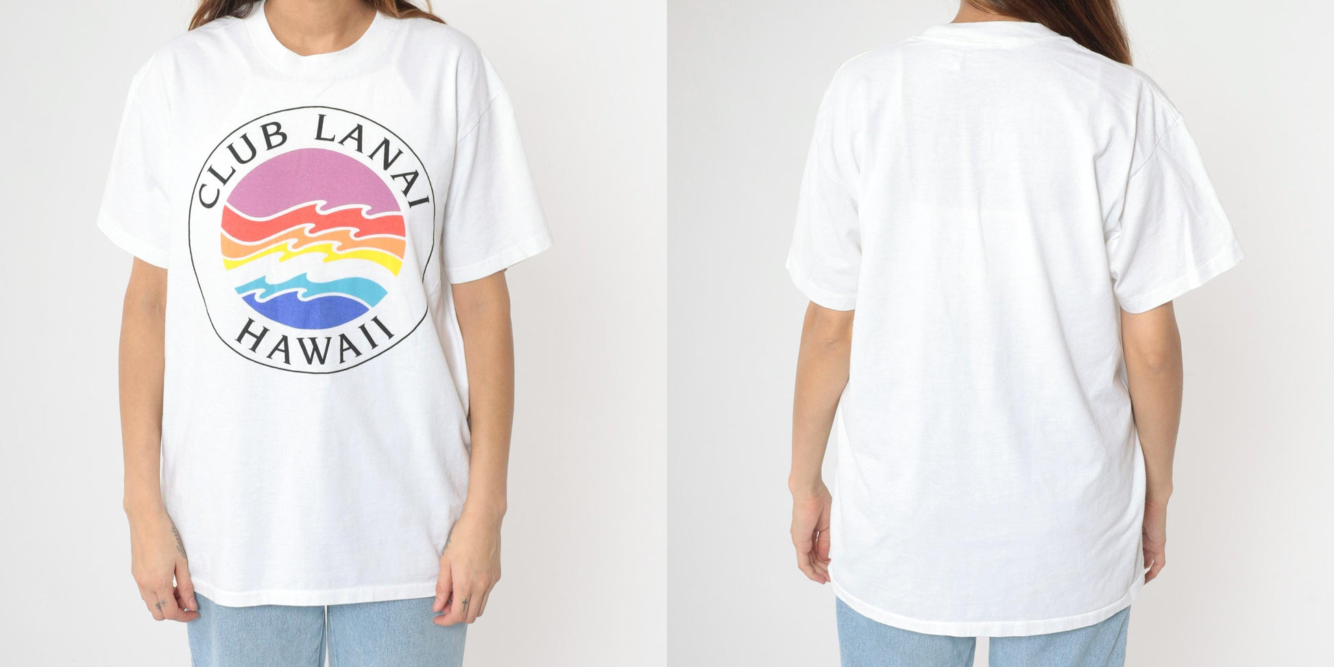 90s Club Lanai Hawaii Rainbow Wave Graphic T-Shirt White Large