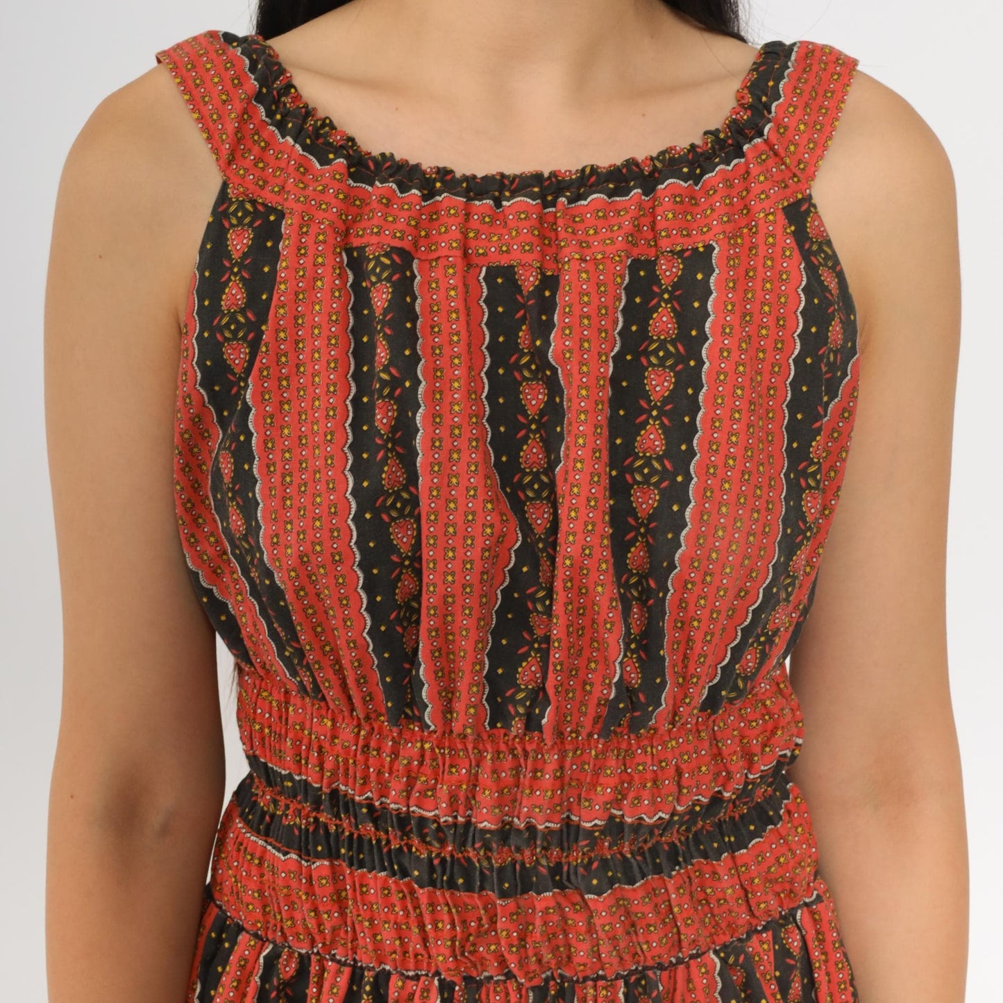 70s Heart Print Striped Peasant Dress Red Black Mini Sleeveless Small S