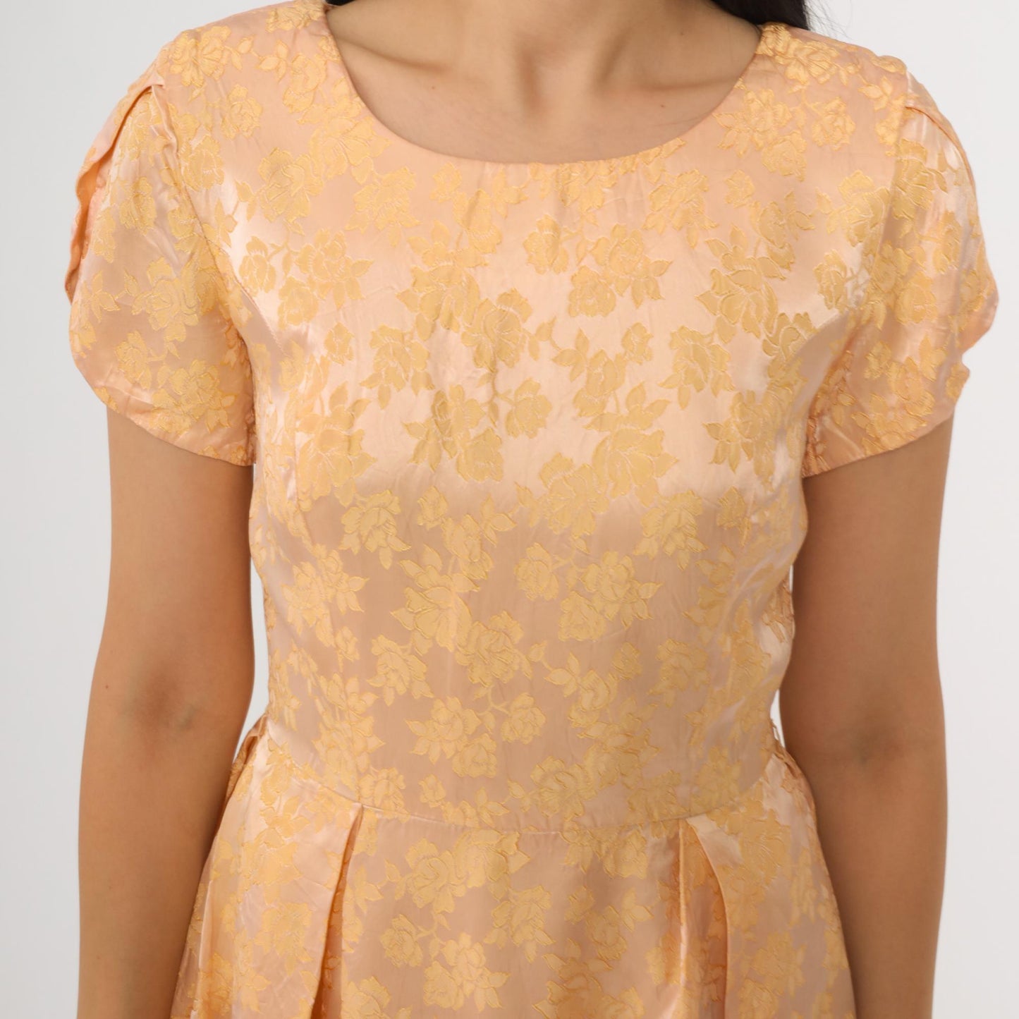 1960s Peach Yellow Floral Jacquard Party Dress Tulip Sleeve Mini Extra Small