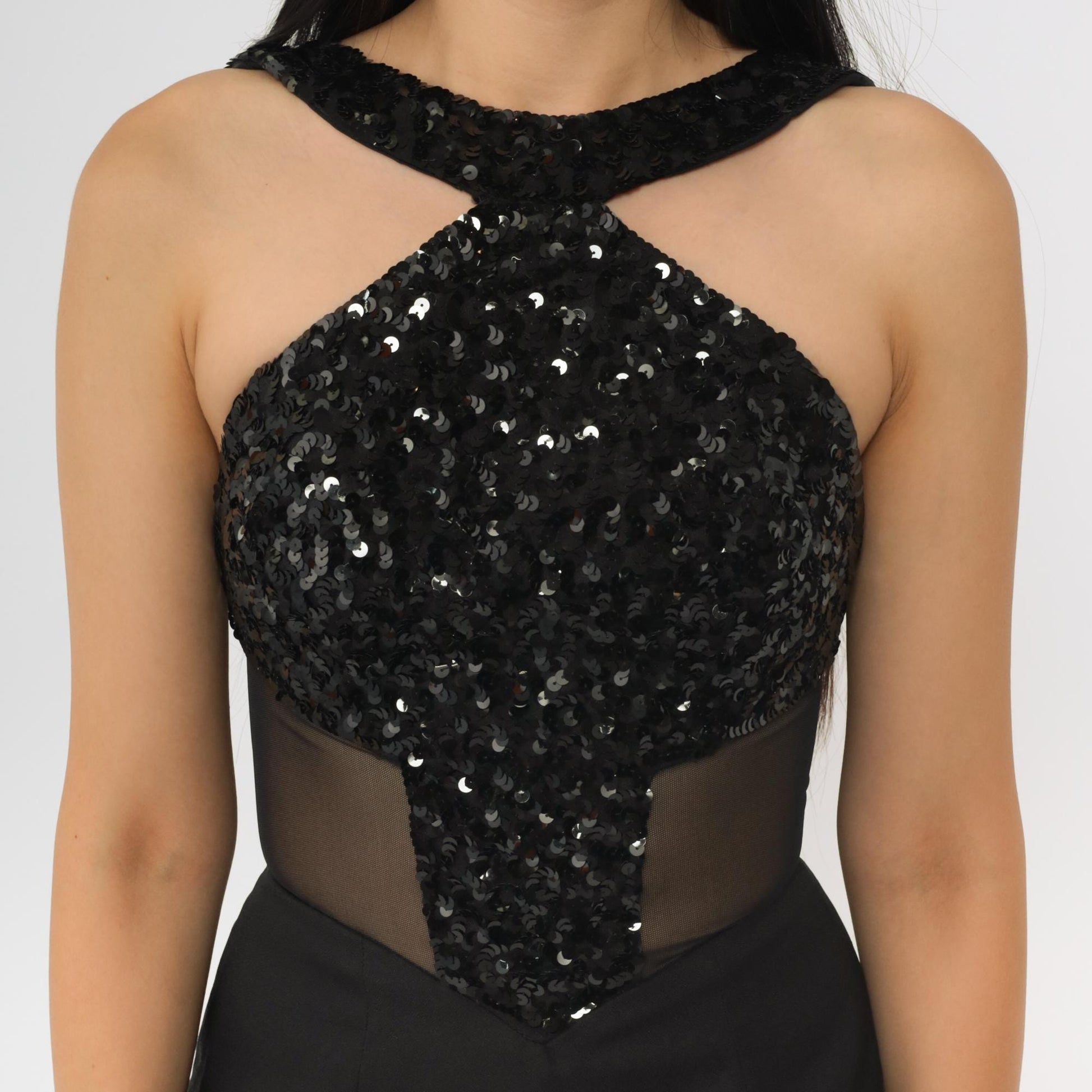 90s Black Sequin Halter Evening Gown Open Back High Slit Mesh Inset Extra Small