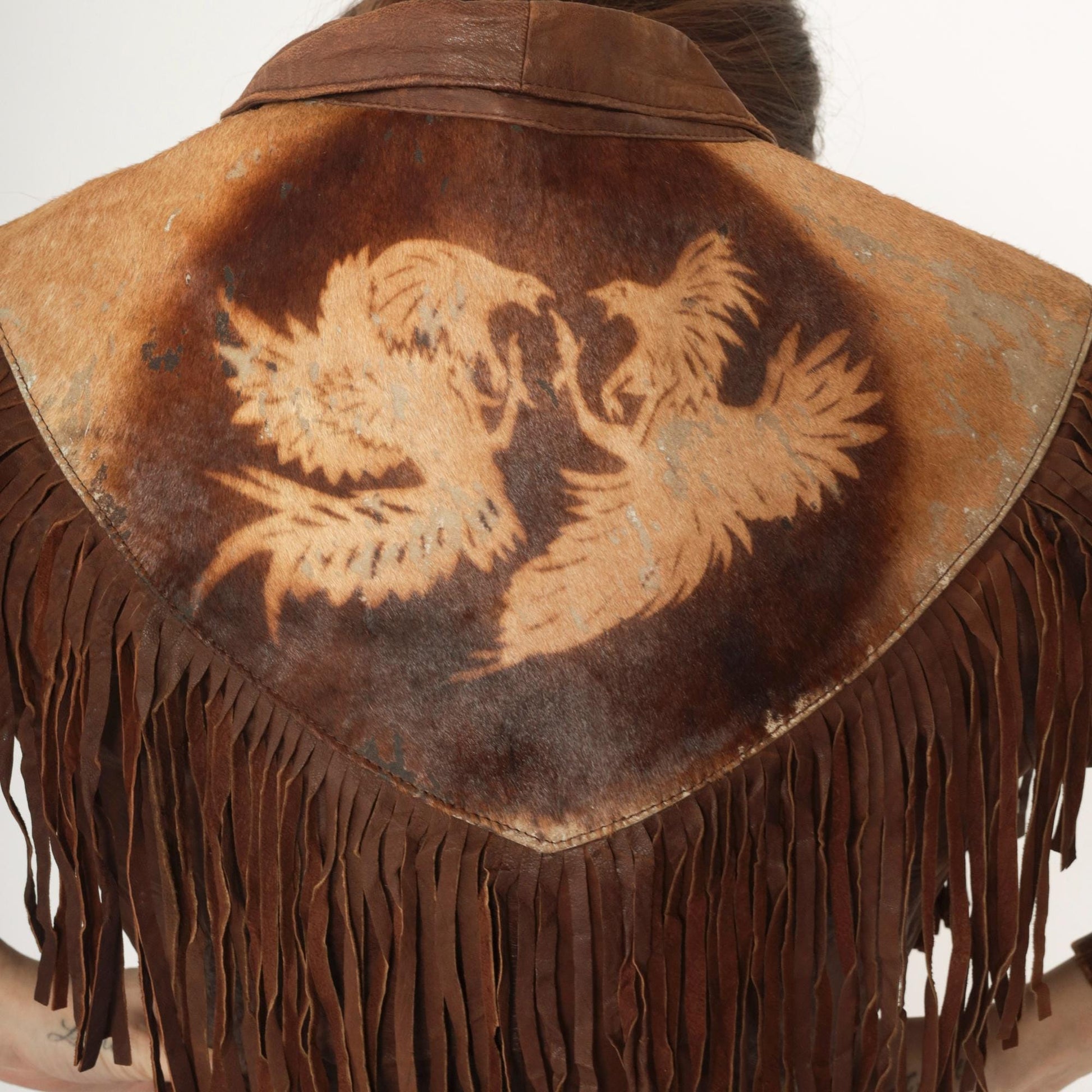 1970s Leather Fringe Jacket Brown Cowhide Eagle Yoke Western Snap Extra Small