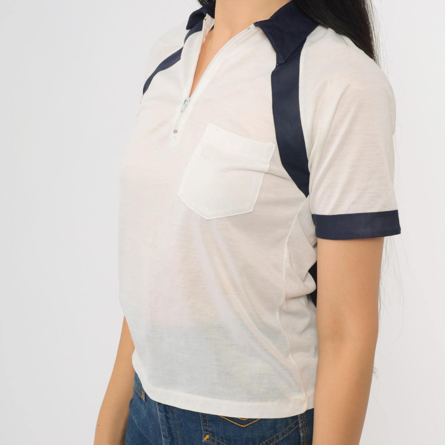 80s Bardor White Polo Shirt Navy Striped Quarter Zip Short Sleeve XXS
