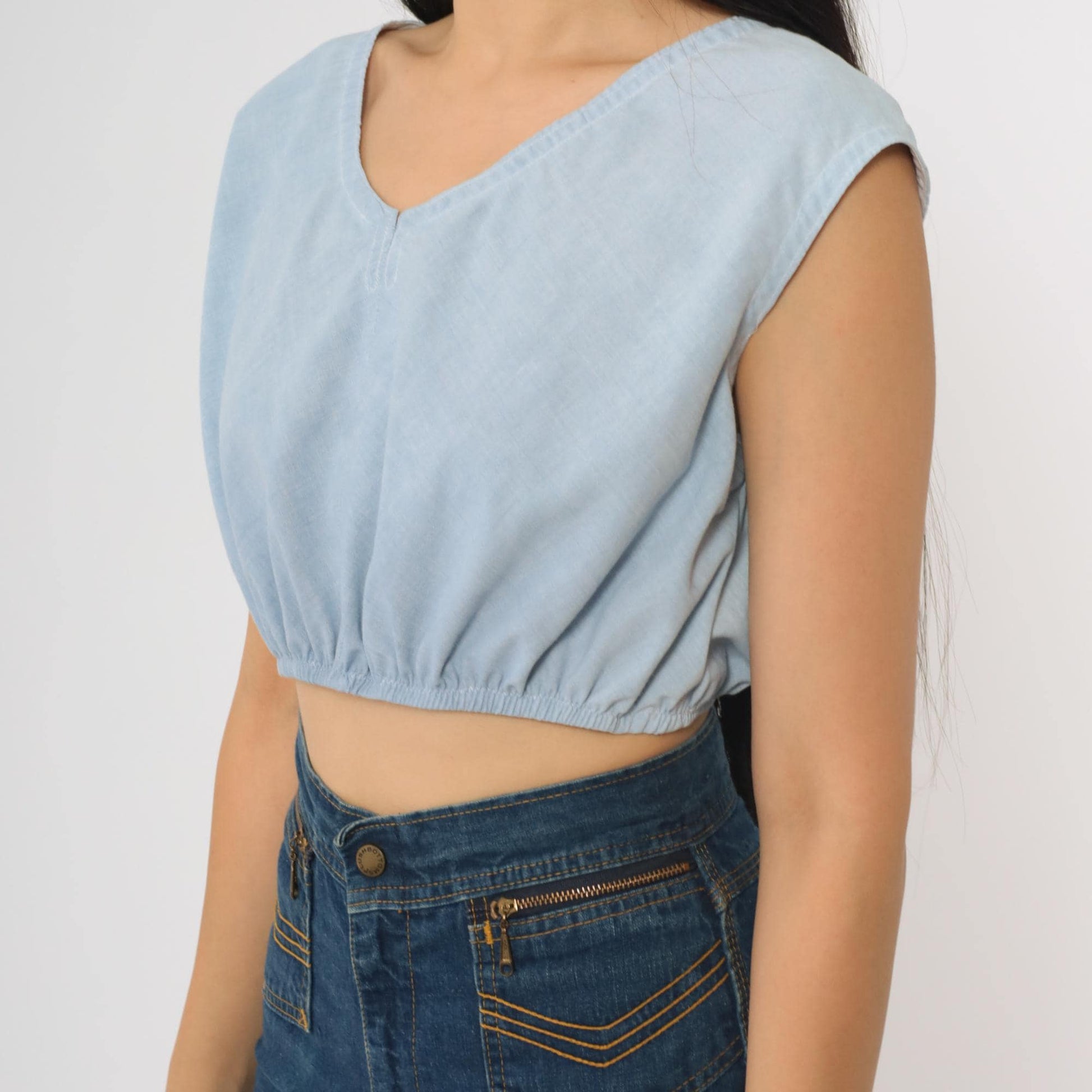 80s Light Blue Crop Top V-Neck Cap Sleeve Small