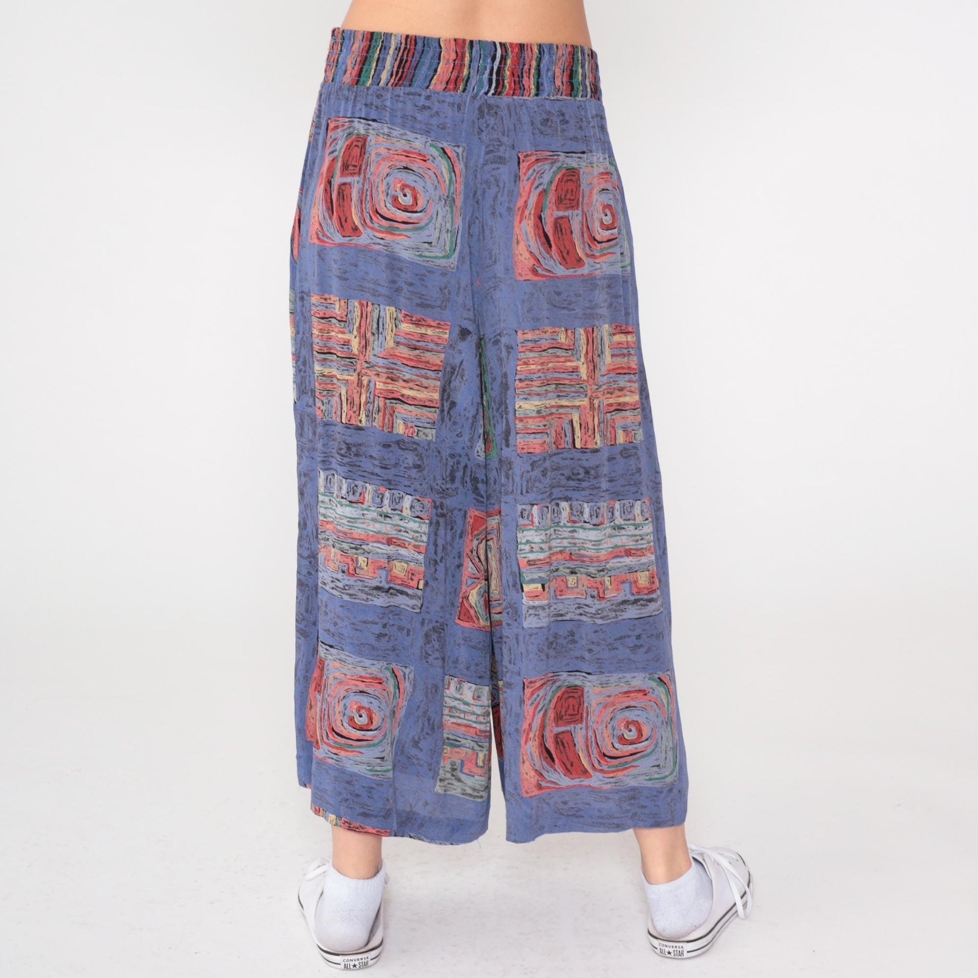 90s Christina James Wide Leg Pants Blue Geometric Patchwork High Waist Small