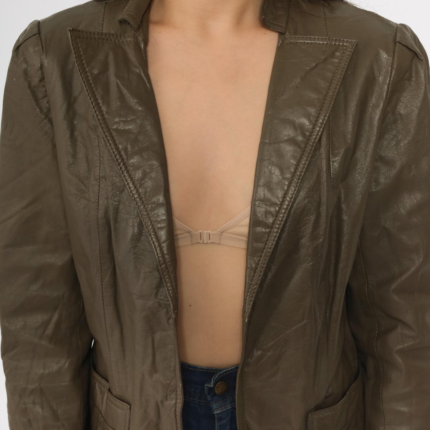 80s Carlisle Couture Brown Leather Blazer Puff Sleeve Open Front Small