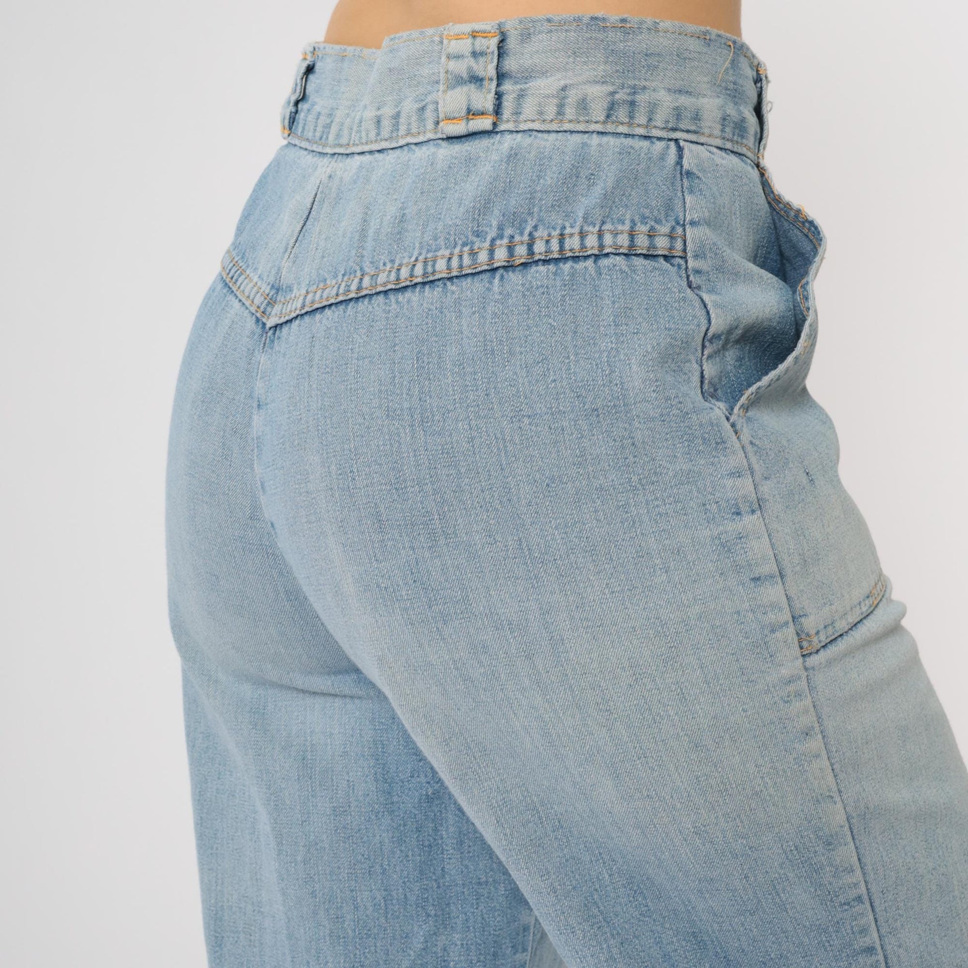 70s Wide Leg Jeans Faded Blue Denim High Waist Bell Bottom Small