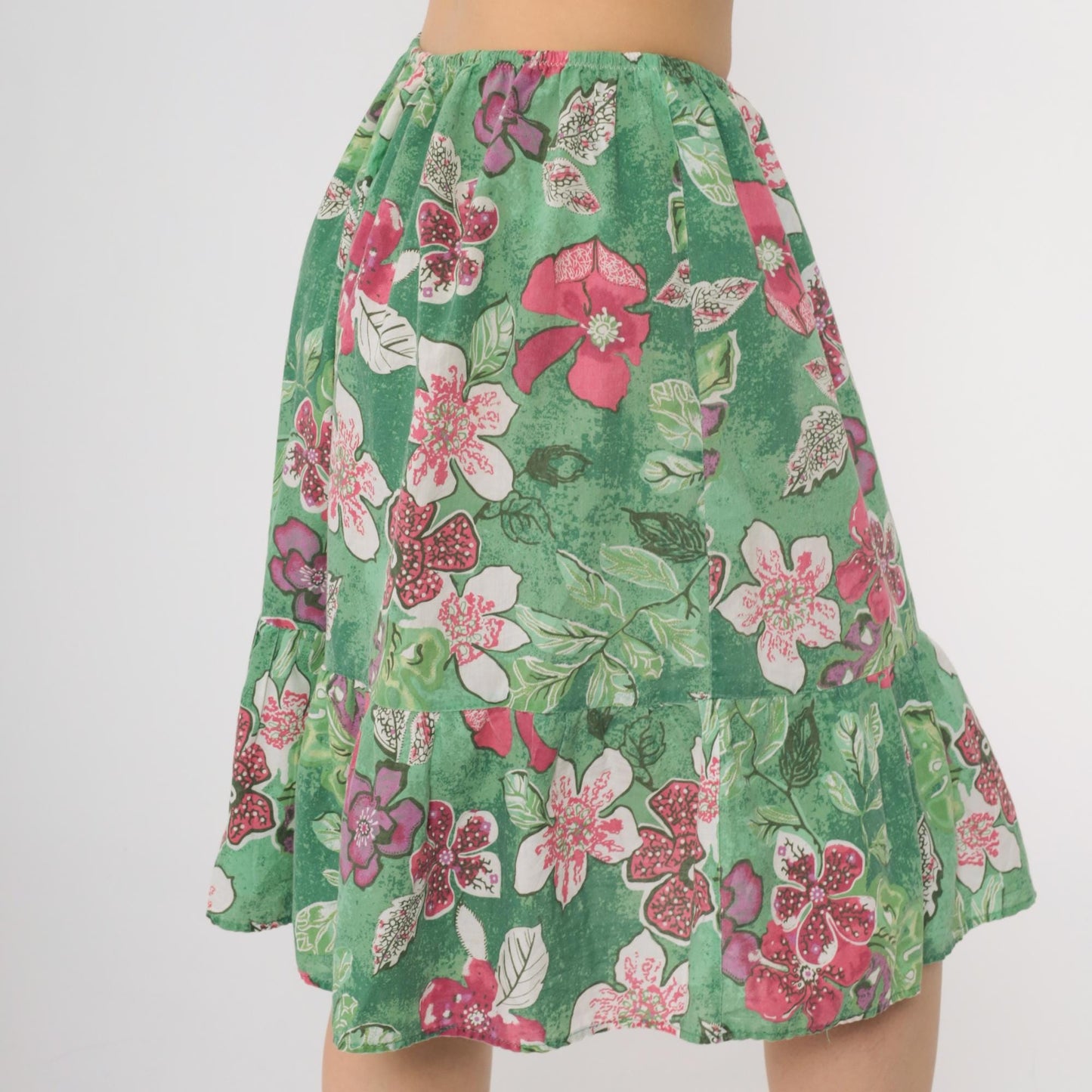 80s Green Floral Tiered Skirt High Waist Pink Print Knee Length Small Medium