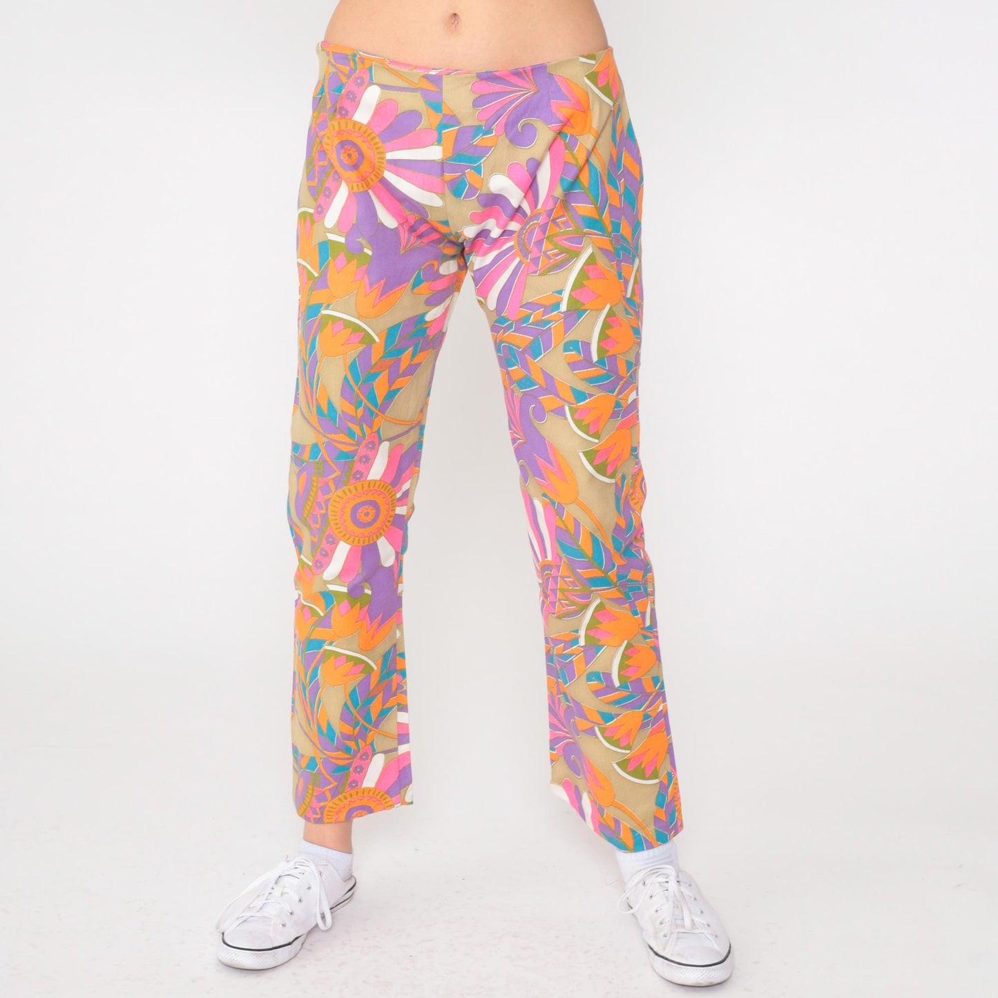 60s Psychedelic Floral Flare Pants Mid Rise Side Zip Medium
