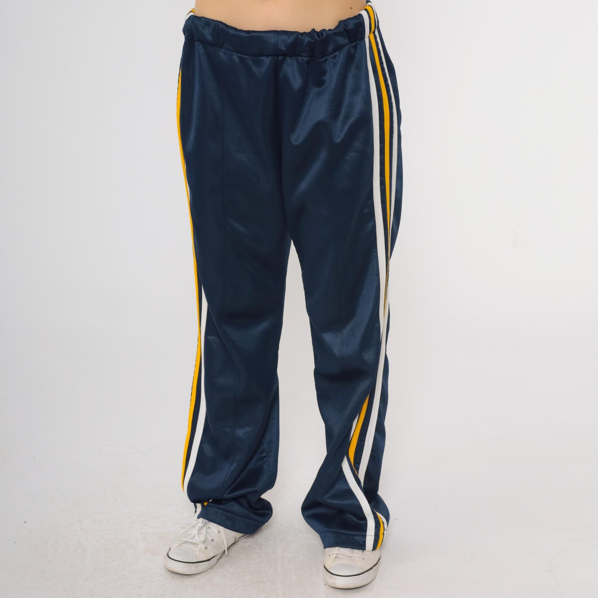 80s Navy Track Pants White Yellow Stripe Wide Leg Elastic Waist Medium Large