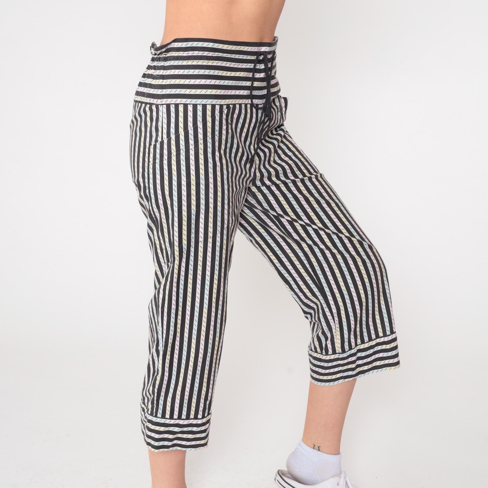 80s La Blanca Sport Striped High-Waist Drawstring Pants Black Pastel Extra Small