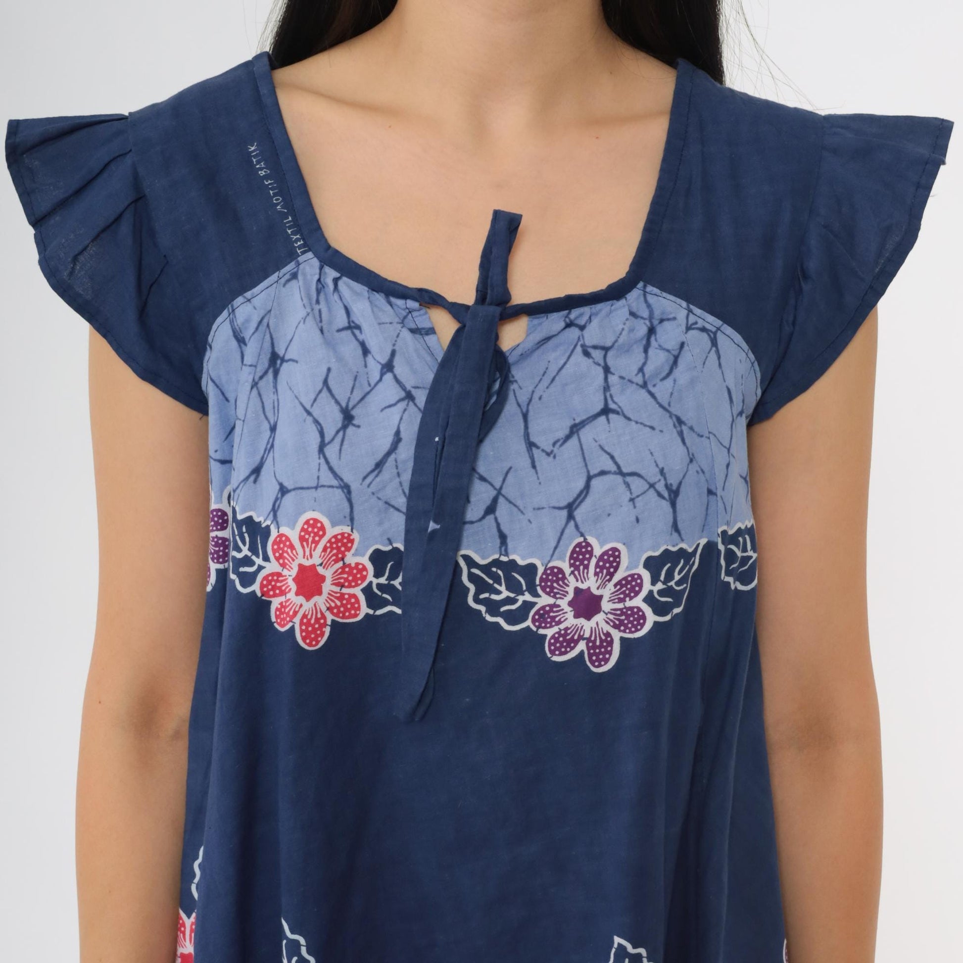 90s Batik Floral Blue Mini Dress Cap Sleeve Tie Neck Trapeze Small S