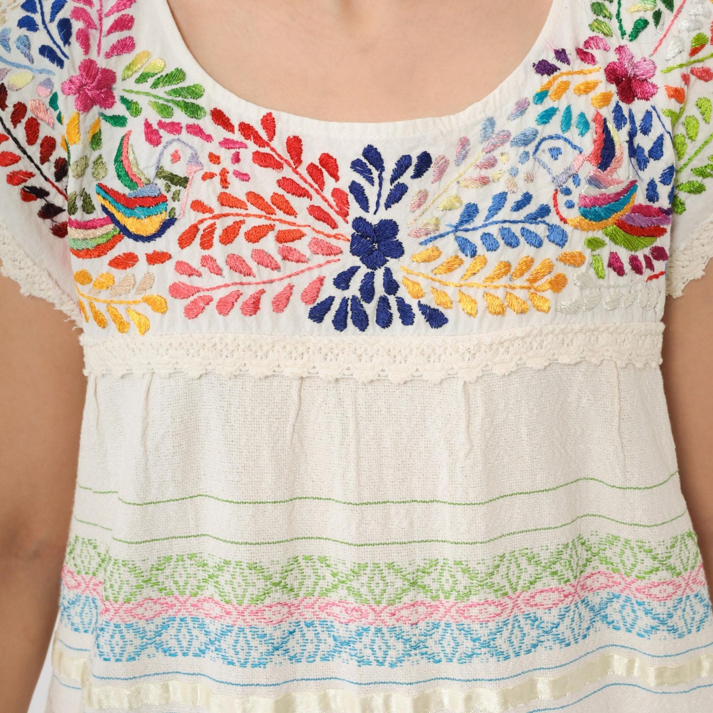 90s Mexican Embroidered Cotton Midi Dress Off-White Floral Bird Small S