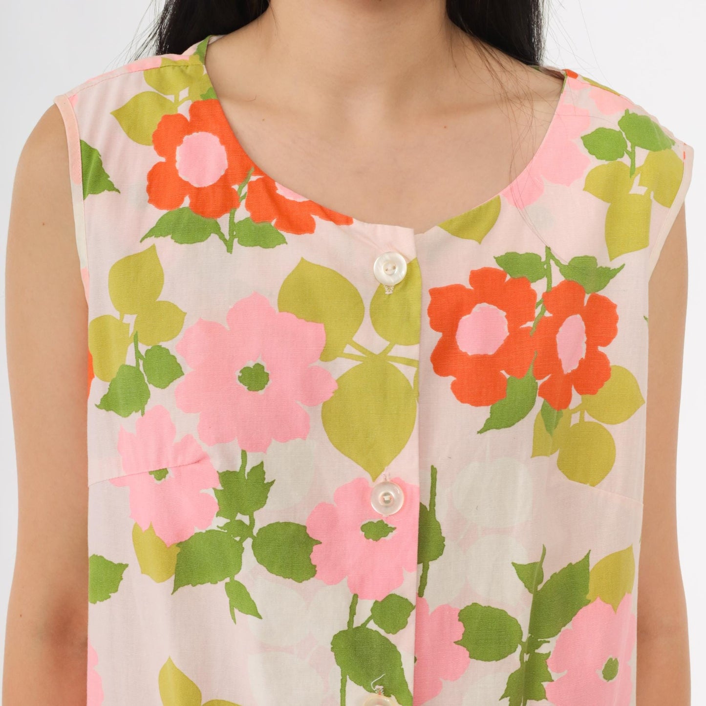 1960s Pink Floral Shift Dress Sleeveless Button Front Knee Length Medium