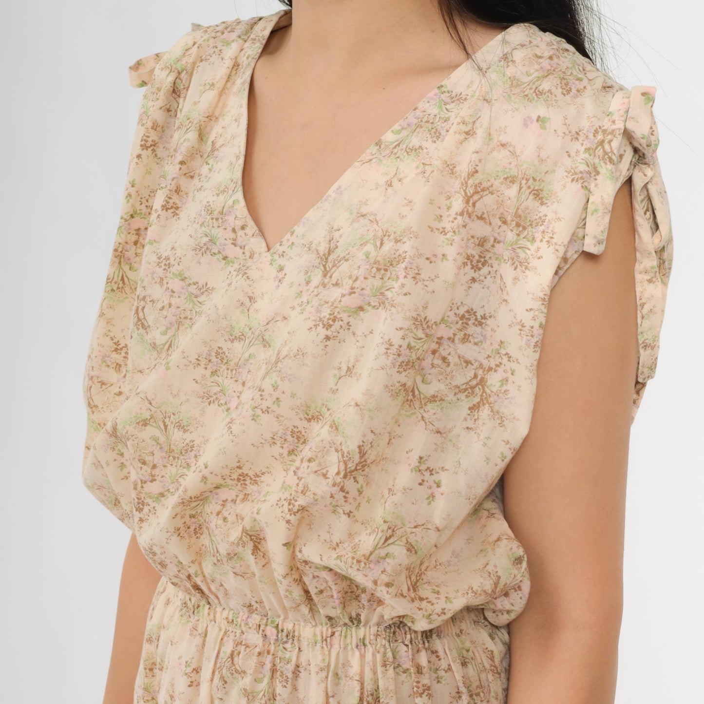 70s Floral Midi Dress Cream High Waist Cap Sleeve V Neck Small S