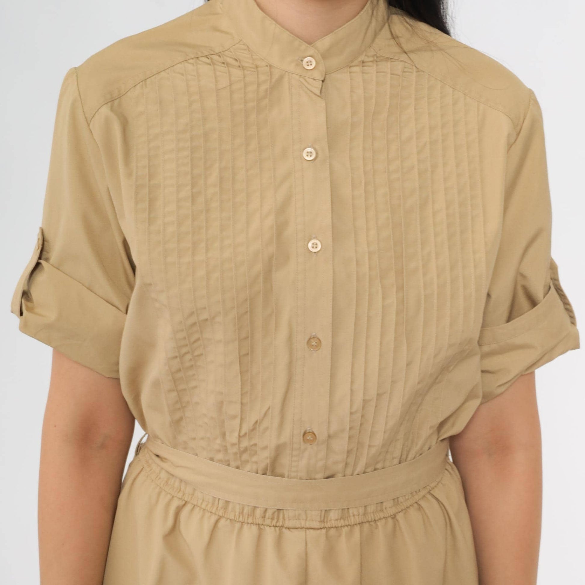 80s Tan Utility Shirtdress Midi Pintuck High Waist Button Up Medium