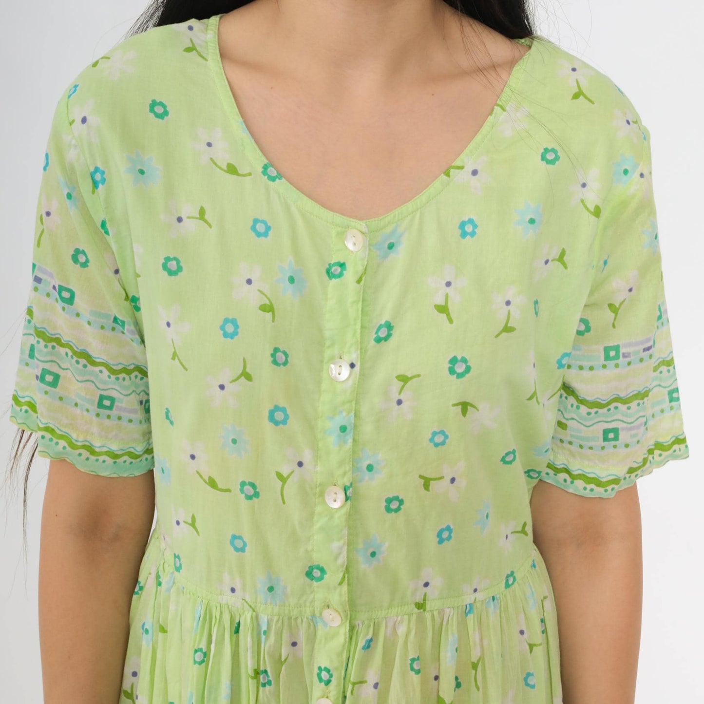 90s La Cera Lime Green Floral Midi Dress Cotton Button-Up High Waist Large