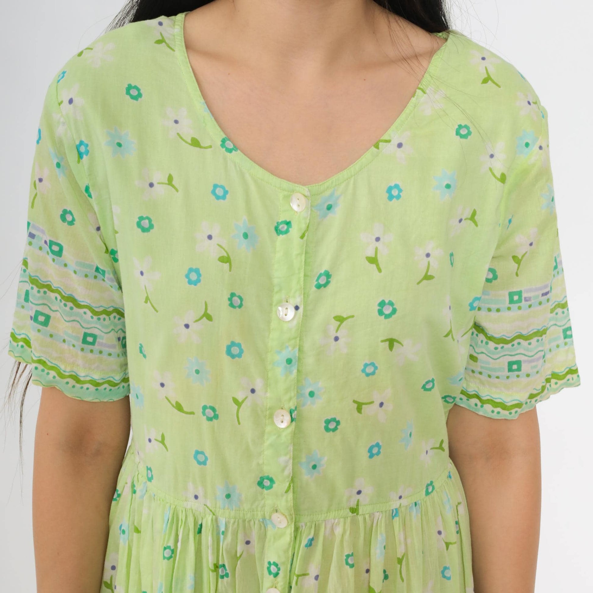 90s La Cera Lime Green Floral Midi Dress Cotton Button-Up High Waist Large