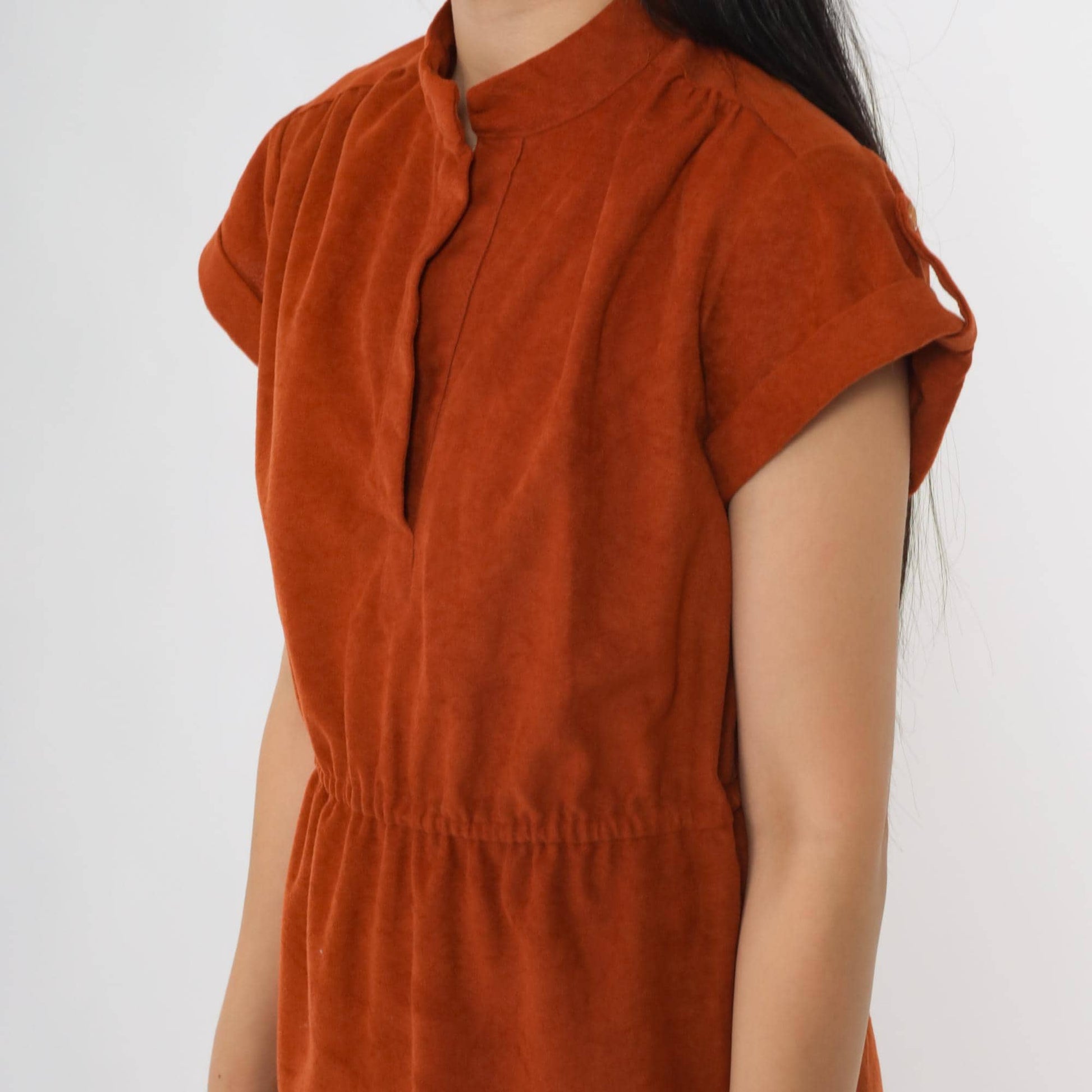 70s Rust Orange Velour Midi Dress High Waist Cap Sleeve Medium