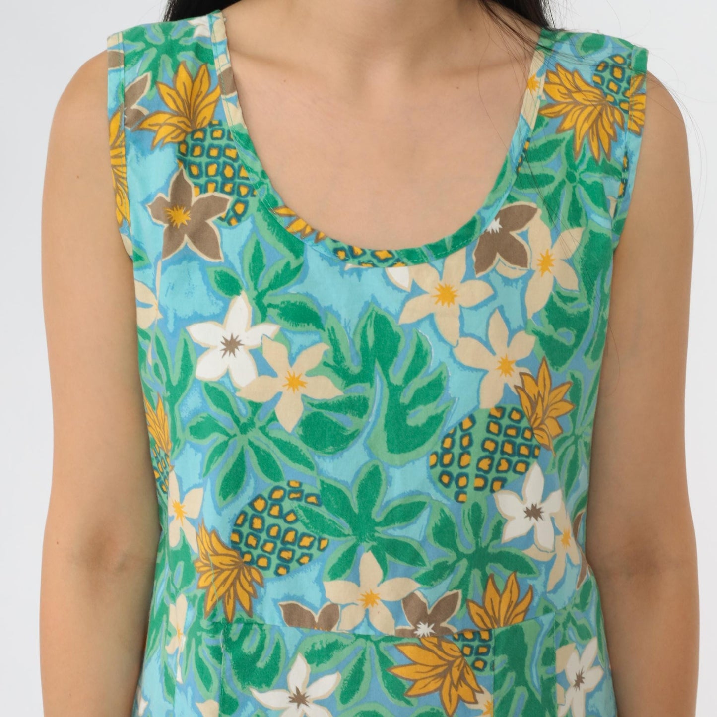 Y2K Ron Jon Surf Shop Hawaiian Floral Pineapple Midi Dress Cotton Green Medium
