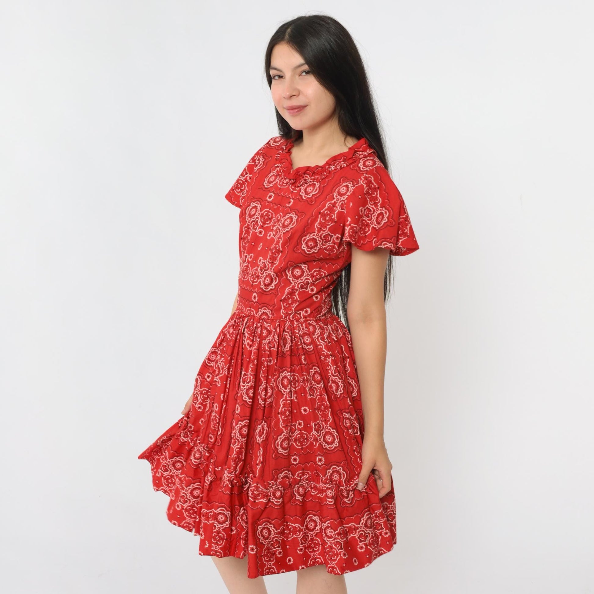 70s Red Handkerchief Print Square Dance Dress Flutter Sleeve Midi Small