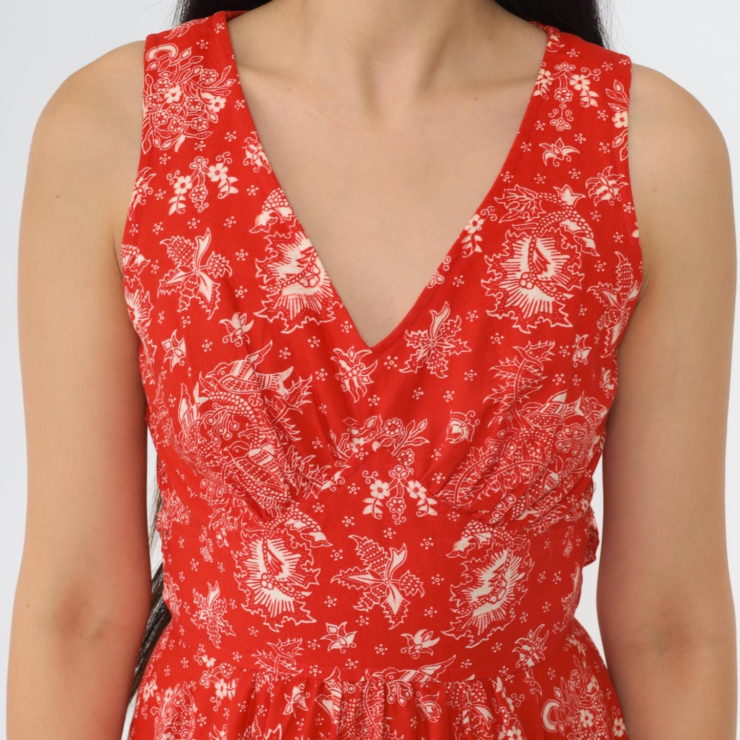 70s Red Floral Bird Print Sleeveless Dress High Waist V Neck Extra Small