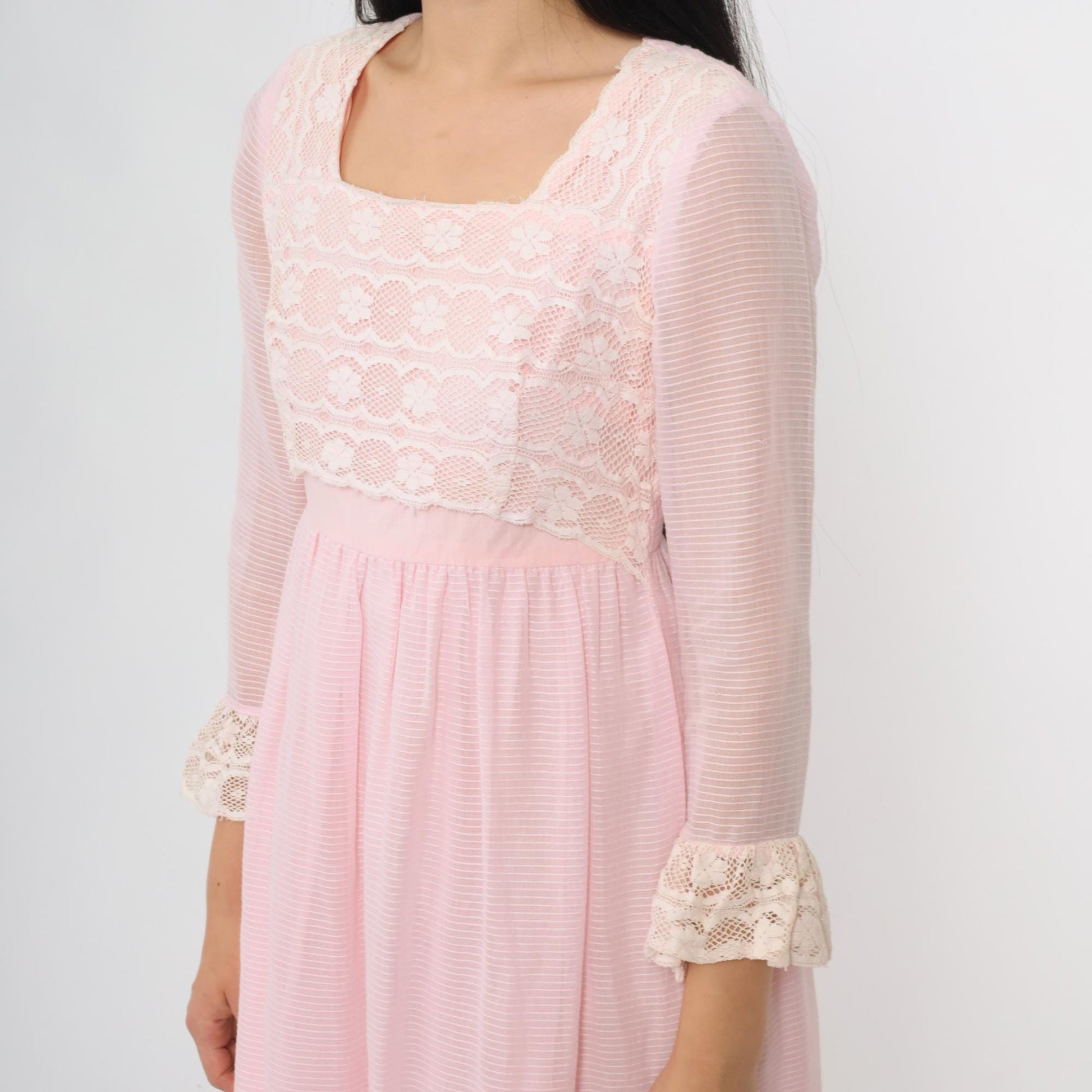60s Pink Lace Babydoll Dress Empire Waist Mini 3/4 Sleeve Extra Small