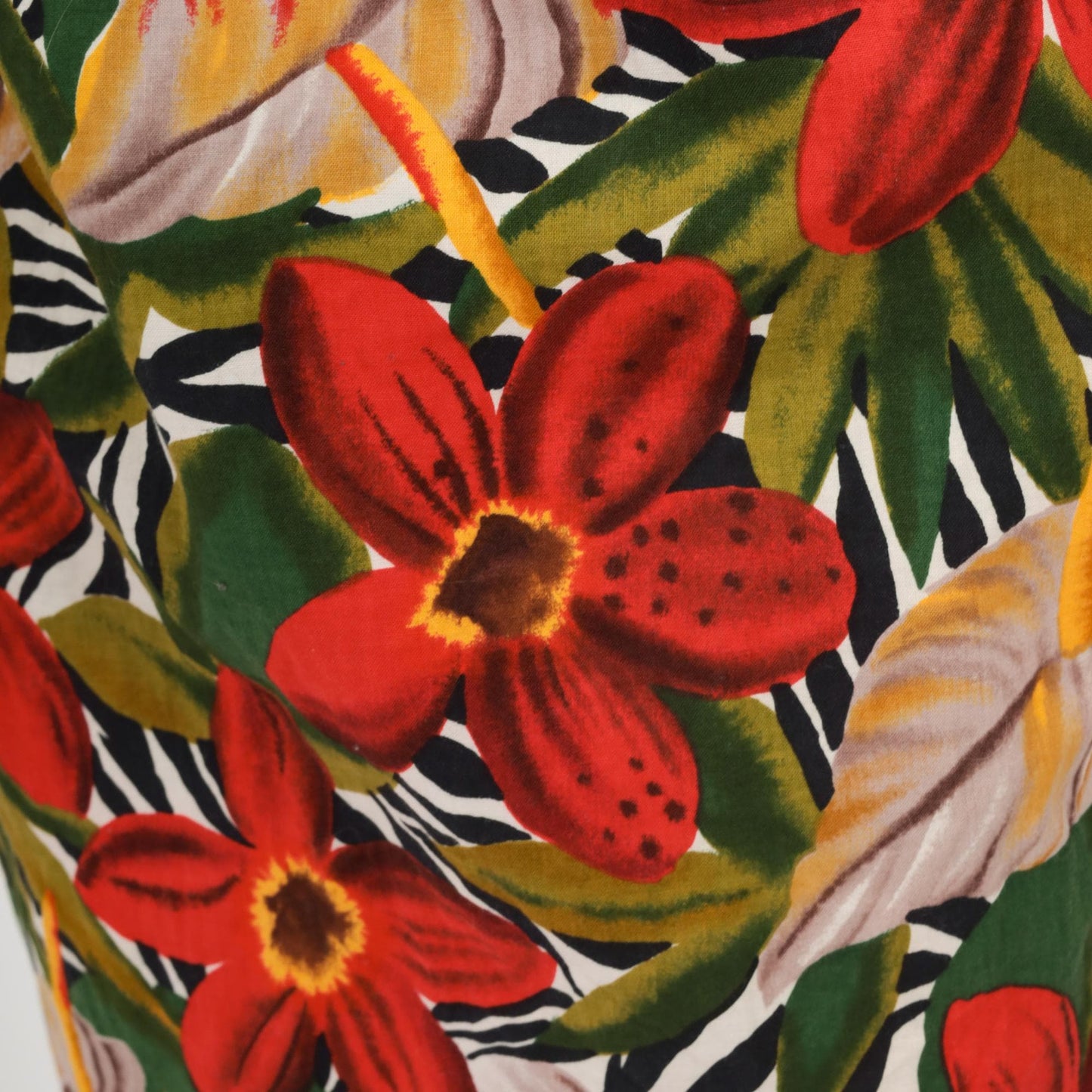 80s Tropical Floral Wrap Dress Knee Length V-Neck Red Green Small