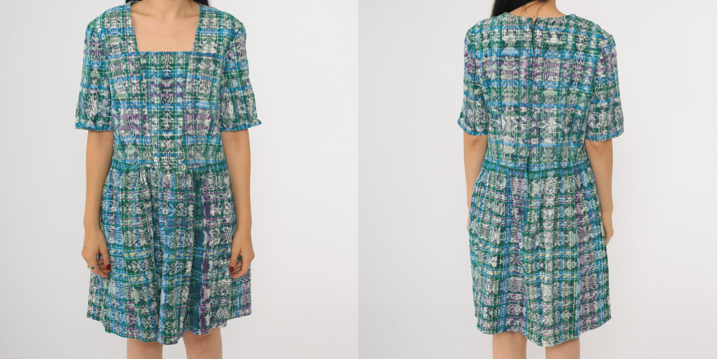 90s Checkered Ikat Mini Dress Green Blue High Waist Short Sleeve Small Medium